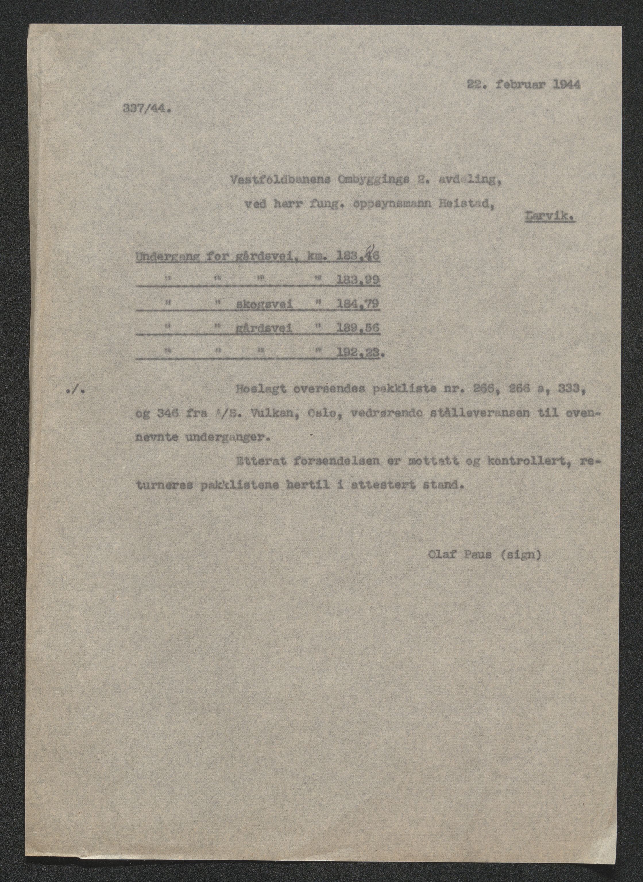 Norges Statsbaner Drammen distrikt (NSB), AV/SAKO-A-30/1.DELARKIV/E/Eb/L0039/0013: Vestfoldbanens ombygging / Undergang gårdsveg km. 183.189, 1941-1944, p. 1