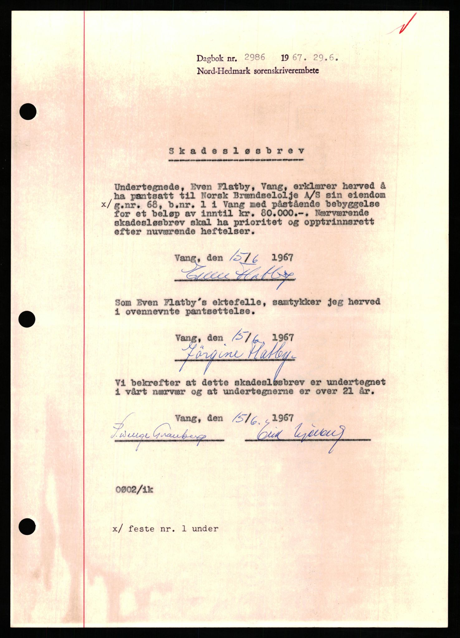 Nord-Hedmark sorenskriveri, SAH/TING-012/H/Hb/Hbf/L0071: Mortgage book no. B71, 1967-1967, Diary no: : 2986/1967