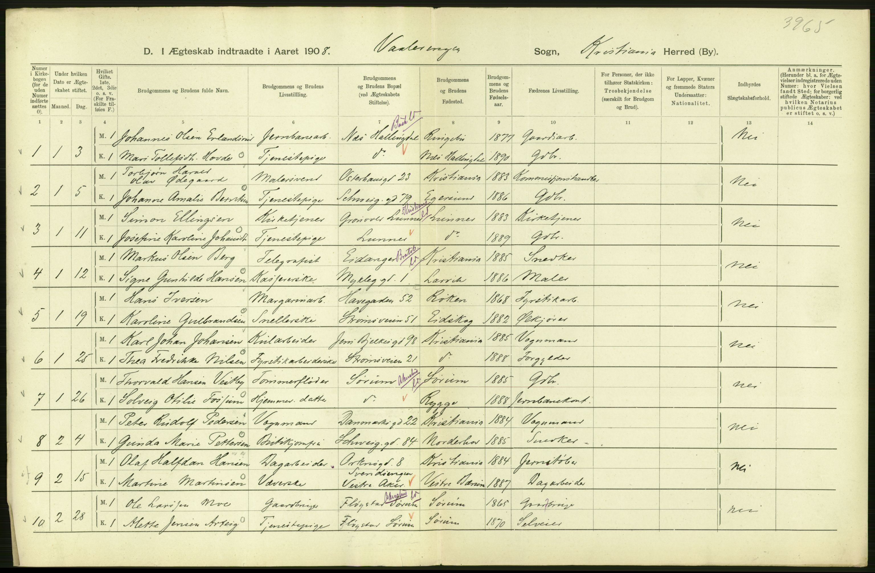 Statistisk sentralbyrå, Sosiodemografiske emner, Befolkning, AV/RA-S-2228/D/Df/Dfa/Dfaf/L0007: Kristiania: Gifte, 1908, p. 572