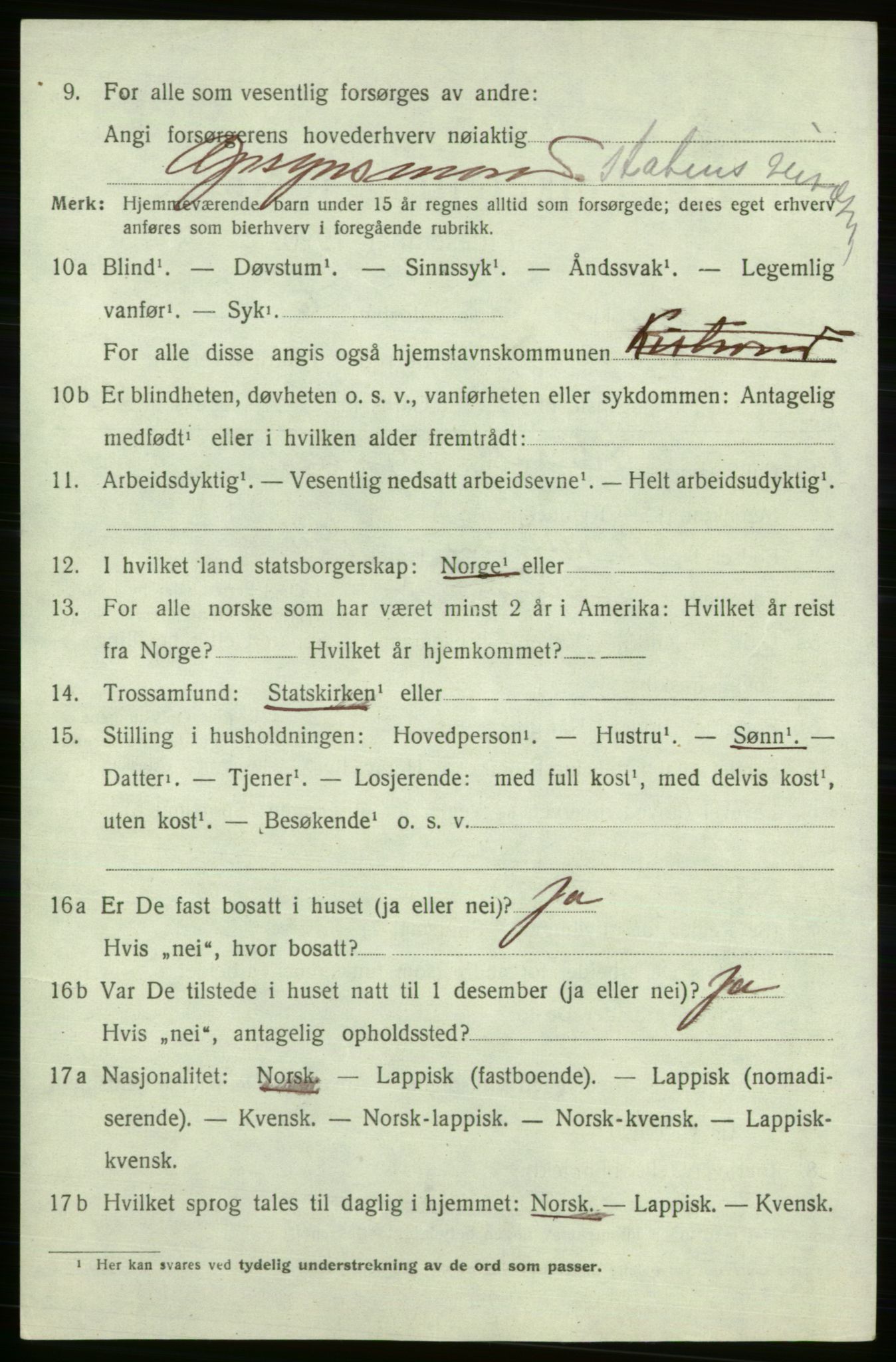 SATØ, 1920 census for Kistrand, 1920, p. 3087