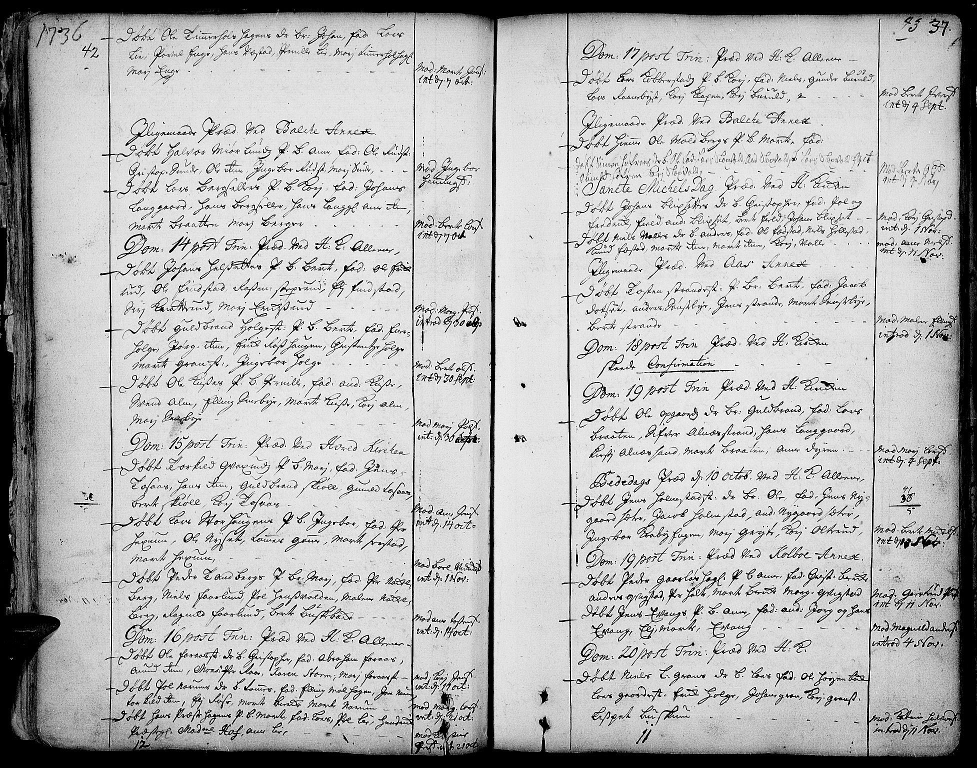 Toten prestekontor, SAH/PREST-102/H/Ha/Haa/L0003: Parish register (official) no. 3, 1734-1751, p. 42-43