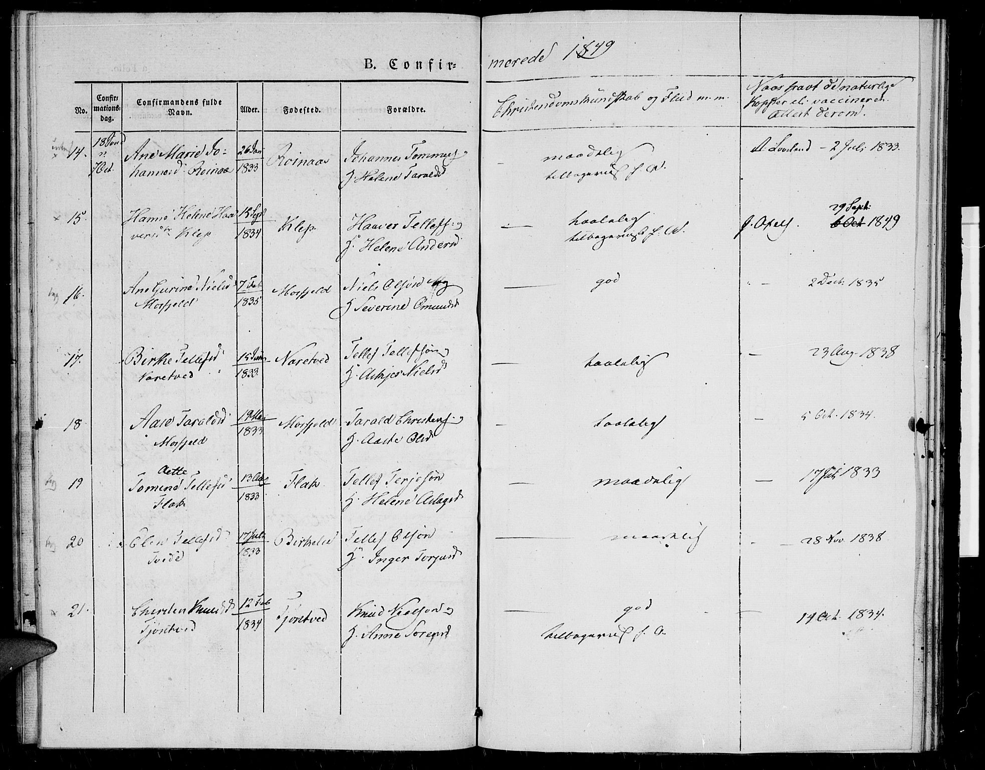 Birkenes sokneprestkontor, AV/SAK-1111-0004/F/Fa/L0002: Parish register (official) no. A 2, 1839-1849, p. 21