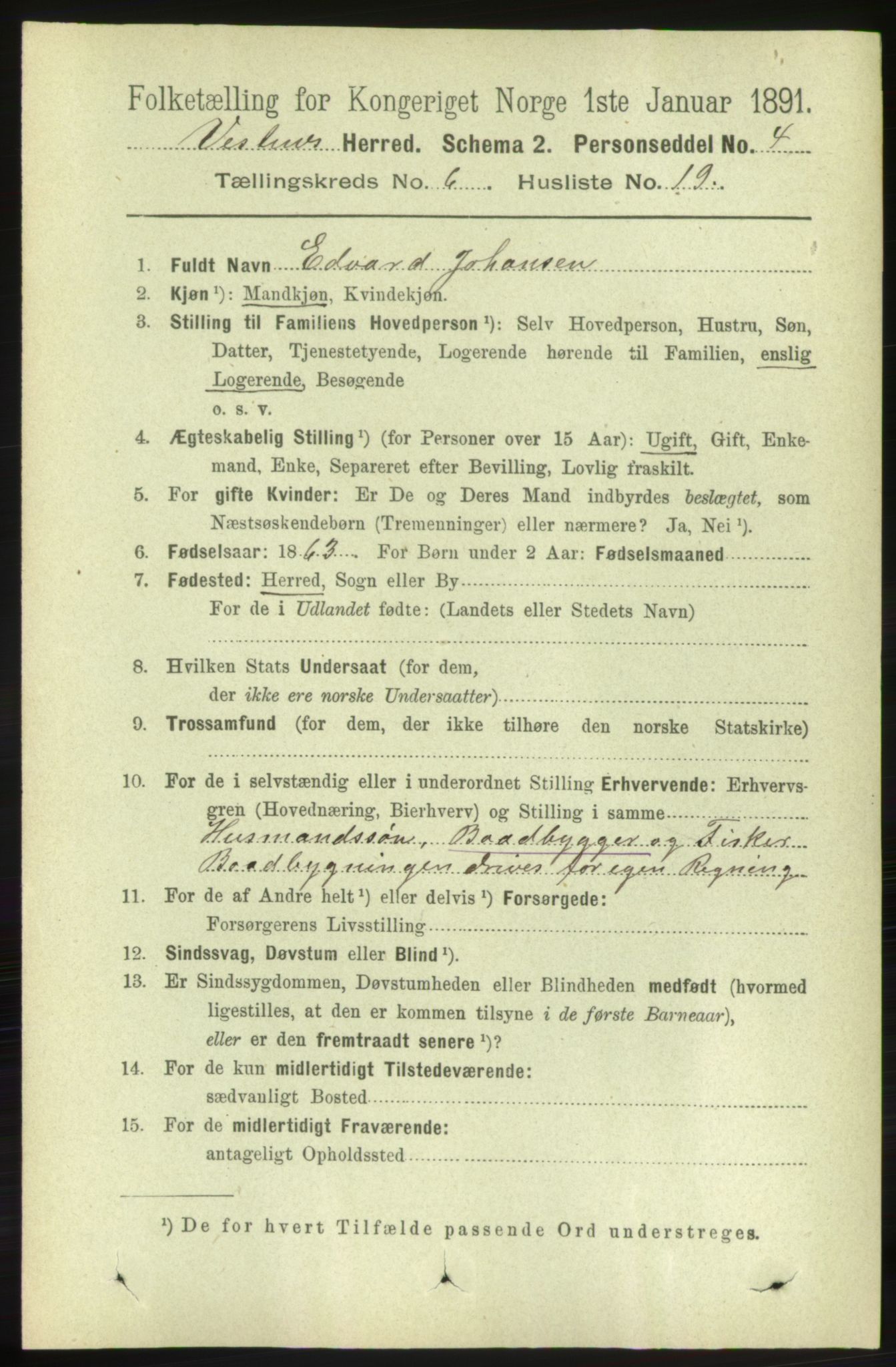 RA, 1891 census for 1535 Vestnes, 1891, p. 2285