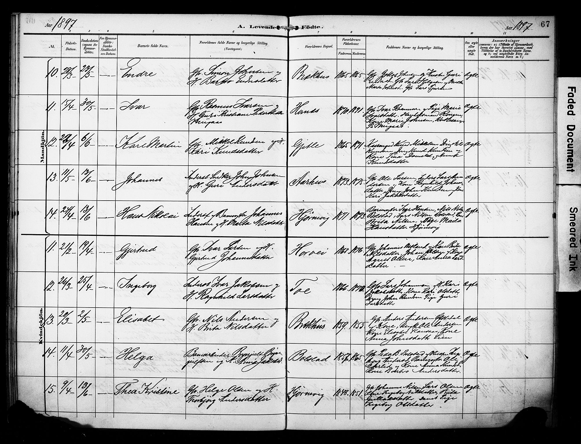 Evanger sokneprestembete, AV/SAB-A-99924: Parish register (official) no. A 2, 1892-1899, p. 67