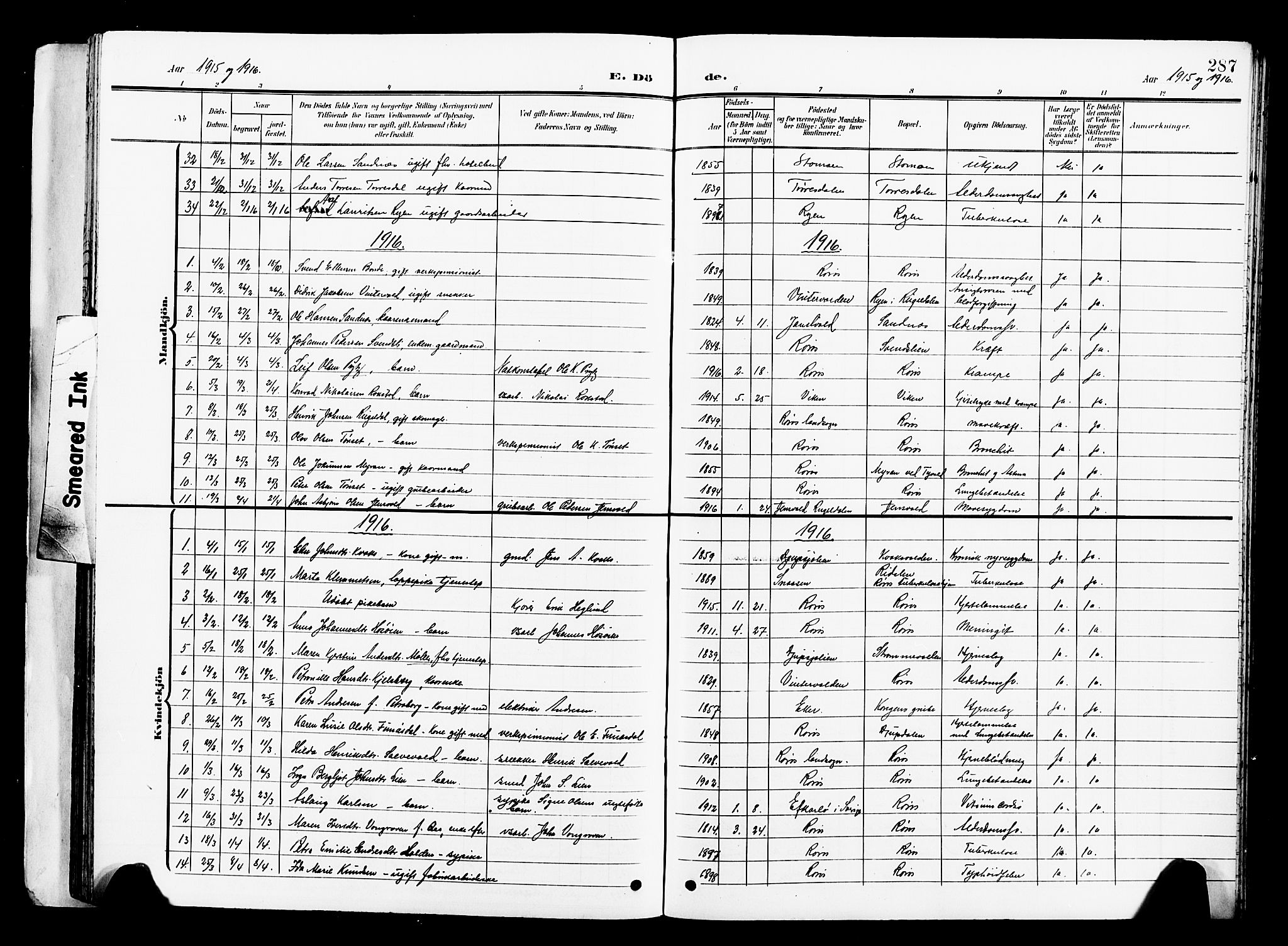 Ministerialprotokoller, klokkerbøker og fødselsregistre - Sør-Trøndelag, SAT/A-1456/681/L0942: Parish register (copy) no. 681C06, 1906-1925, p. 287