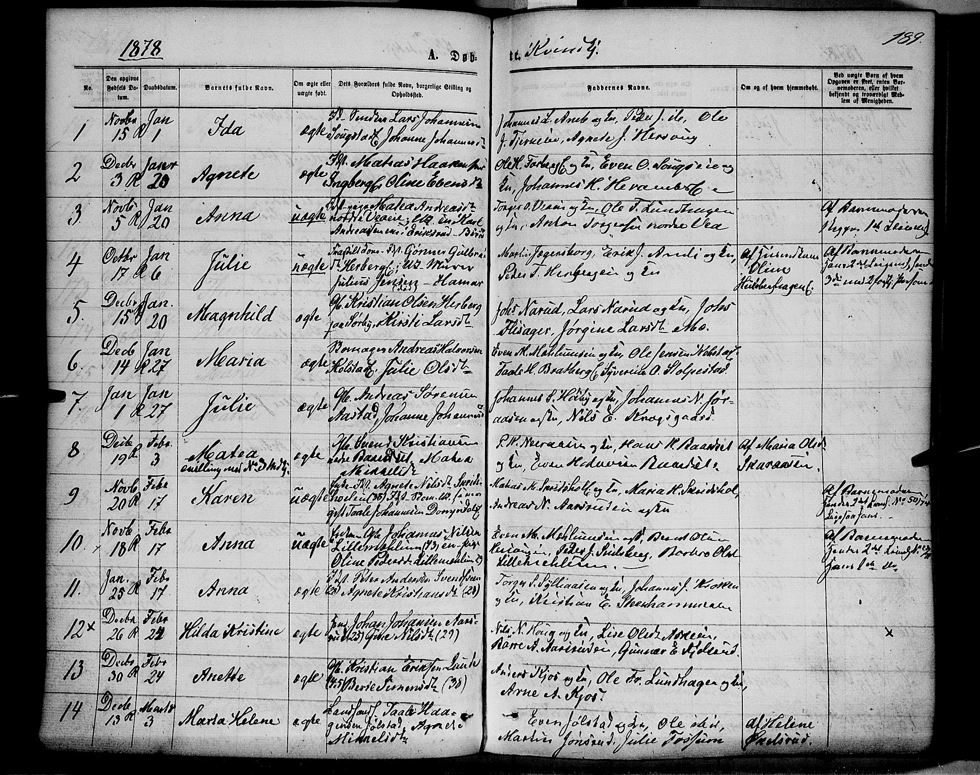 Ringsaker prestekontor, AV/SAH-PREST-014/K/Ka/L0011: Parish register (official) no. 11, 1870-1878, p. 189