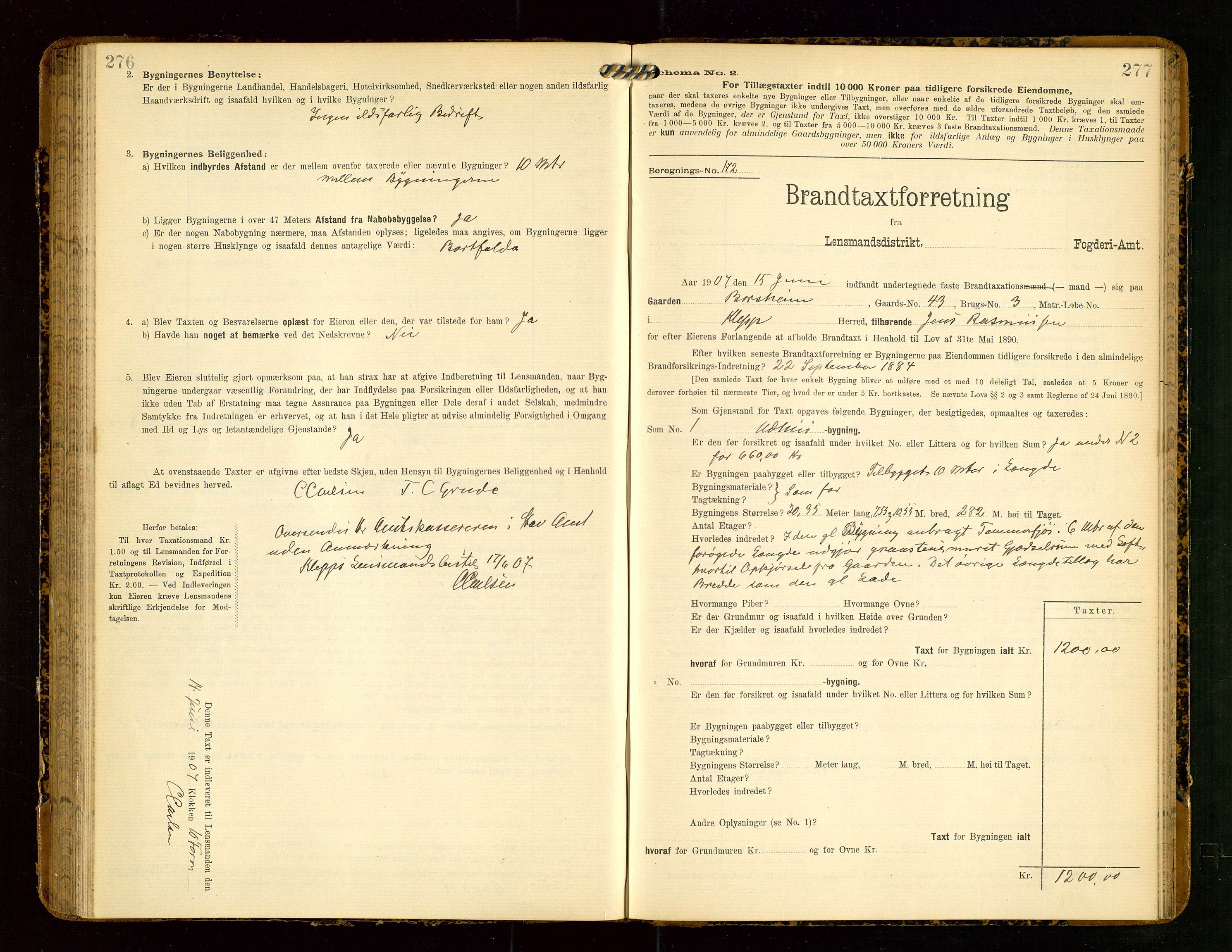 Klepp lensmannskontor, AV/SAST-A-100163/Goc/L0004: "Brandtaxationsprotokol" m/register, 1906-1908, p. 276-277