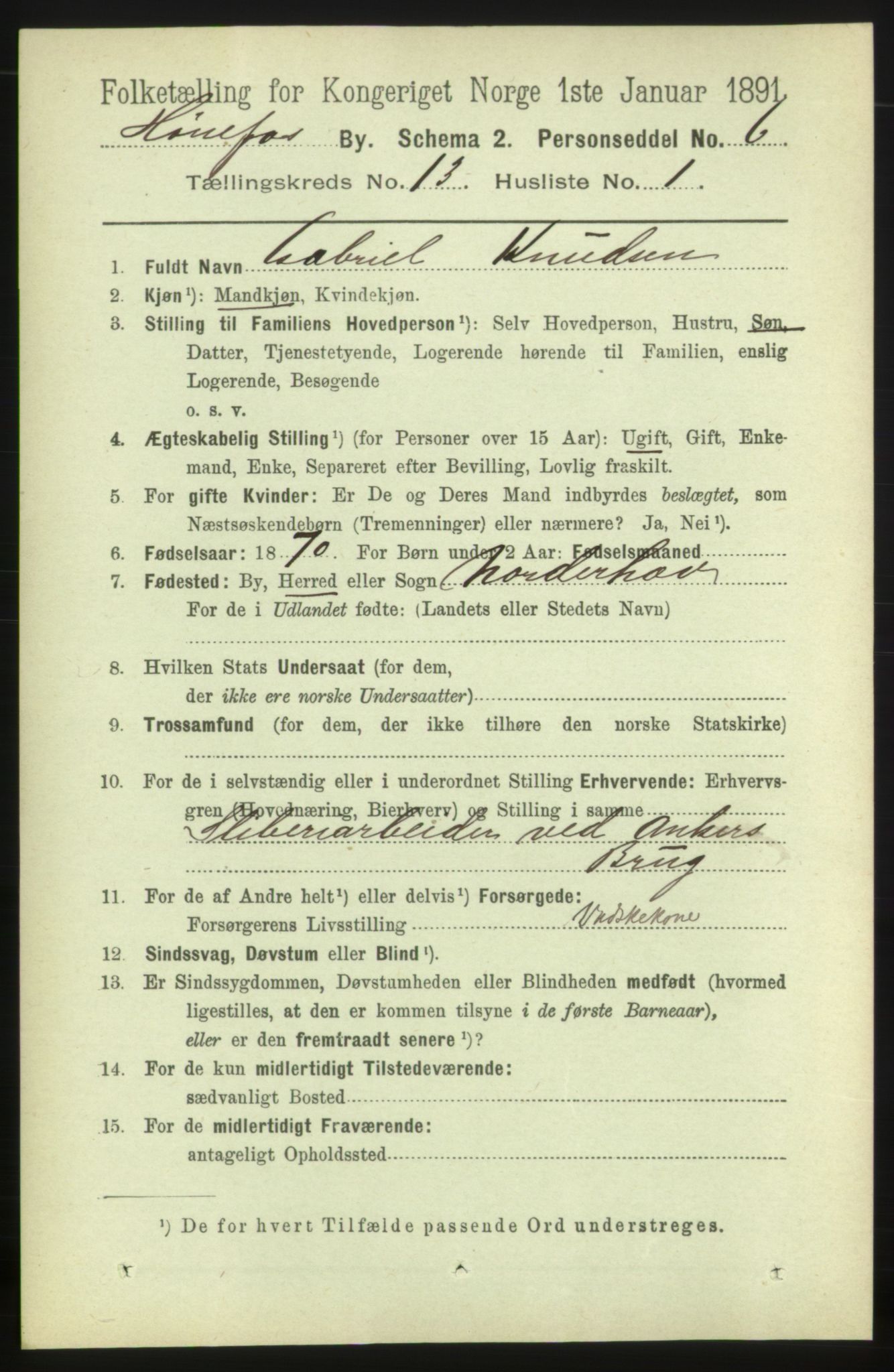 RA, 1891 census for 0601 Hønefoss, 1891, p. 1615