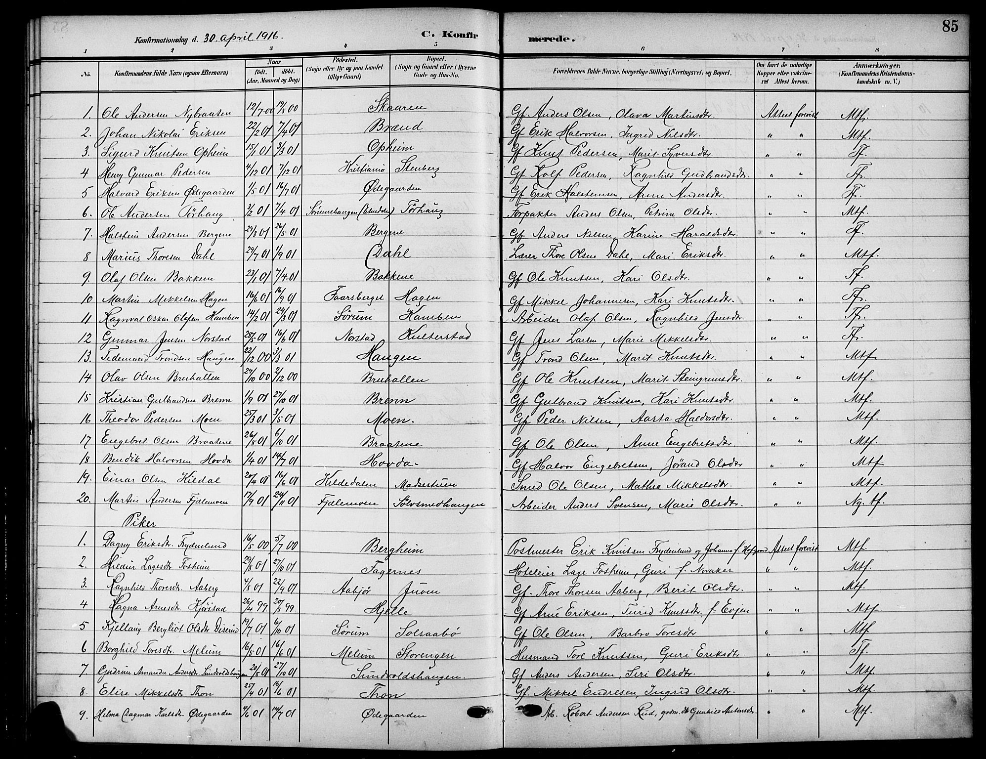 Nord-Aurdal prestekontor, SAH/PREST-132/H/Ha/Hab/L0012: Parish register (copy) no. 12, 1907-1920, p. 85