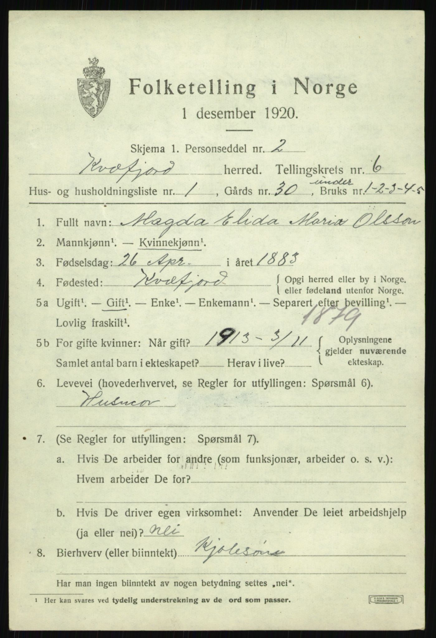 SATØ, 1920 census for Kvæfjord, 1920, p. 3125