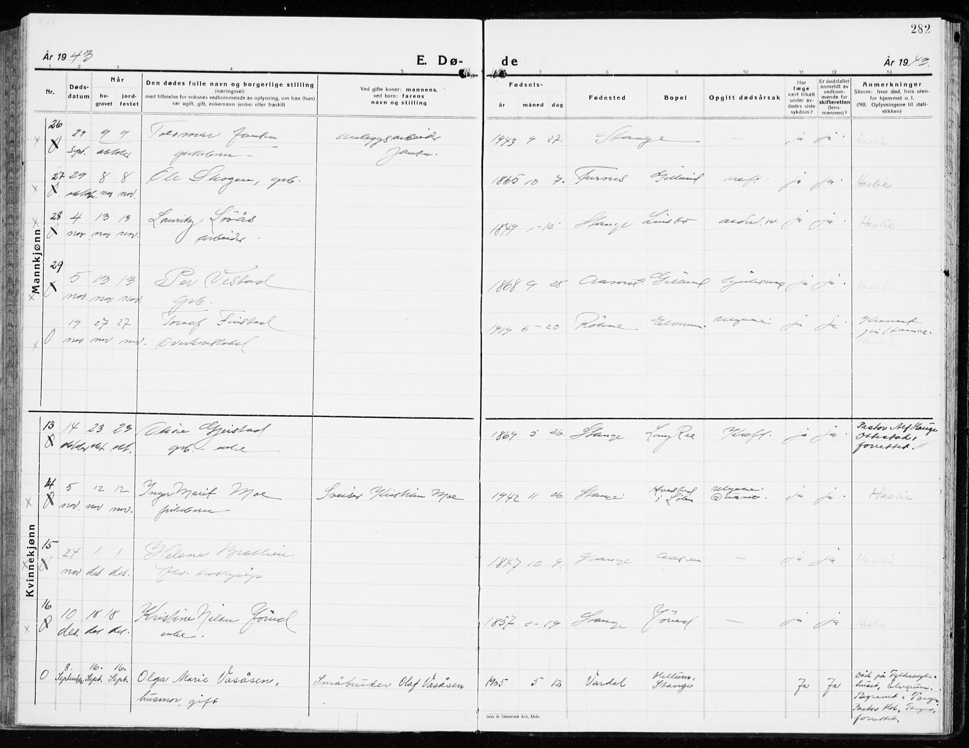 Stange prestekontor, AV/SAH-PREST-002/K/L0027: Parish register (official) no. 27, 1937-1947, p. 282