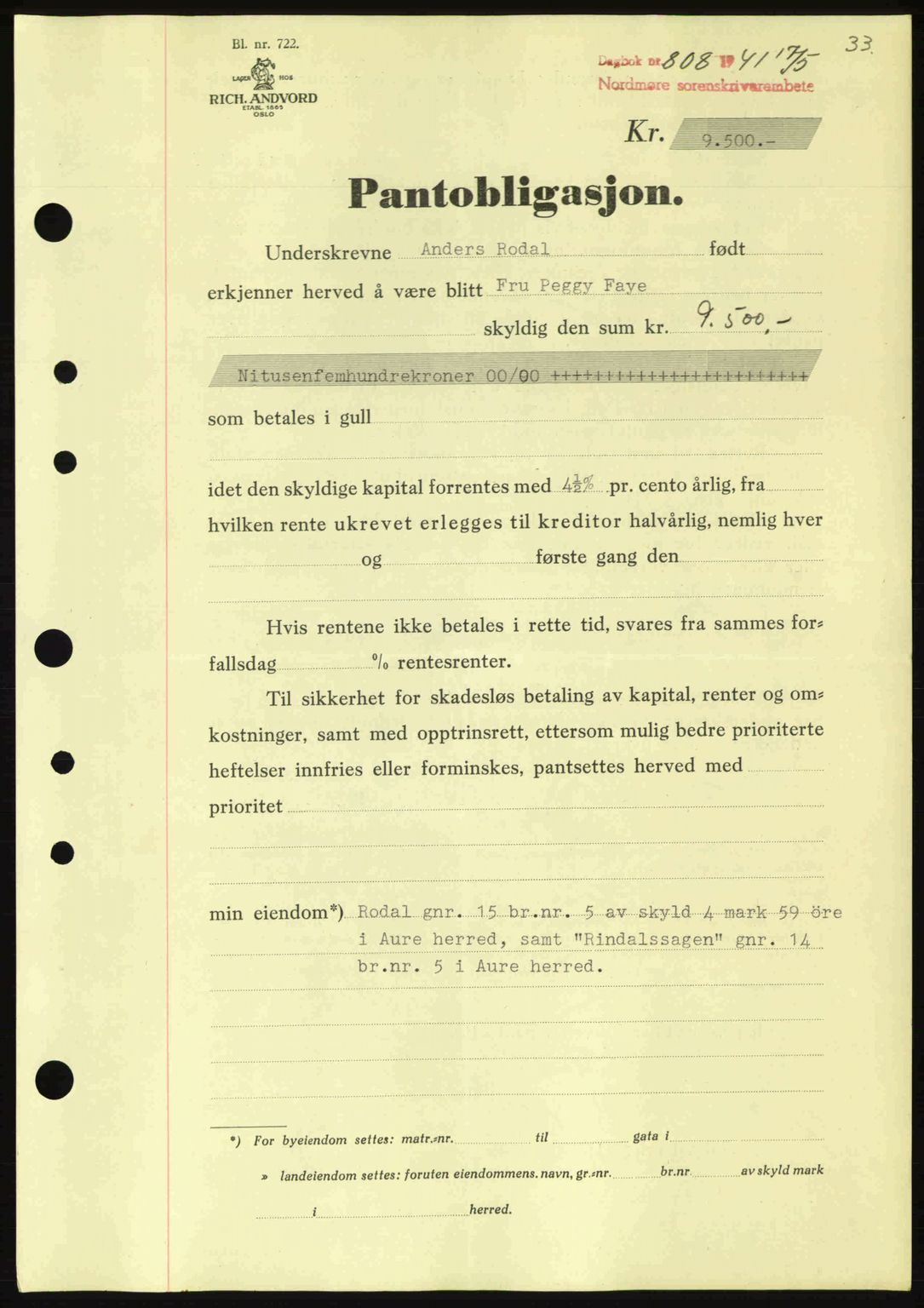 Nordmøre sorenskriveri, AV/SAT-A-4132/1/2/2Ca: Mortgage book no. B88, 1941-1942, Diary no: : 808/1941