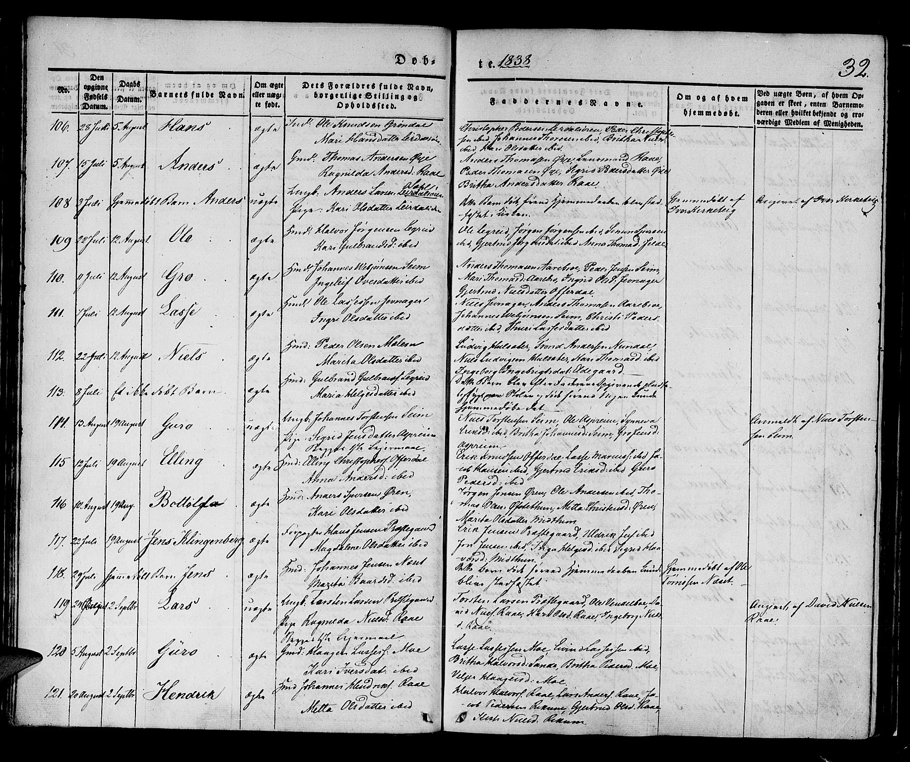 Lærdal sokneprestembete, AV/SAB-A-81201: Parish register (official) no. A 6, 1835-1849, p. 32