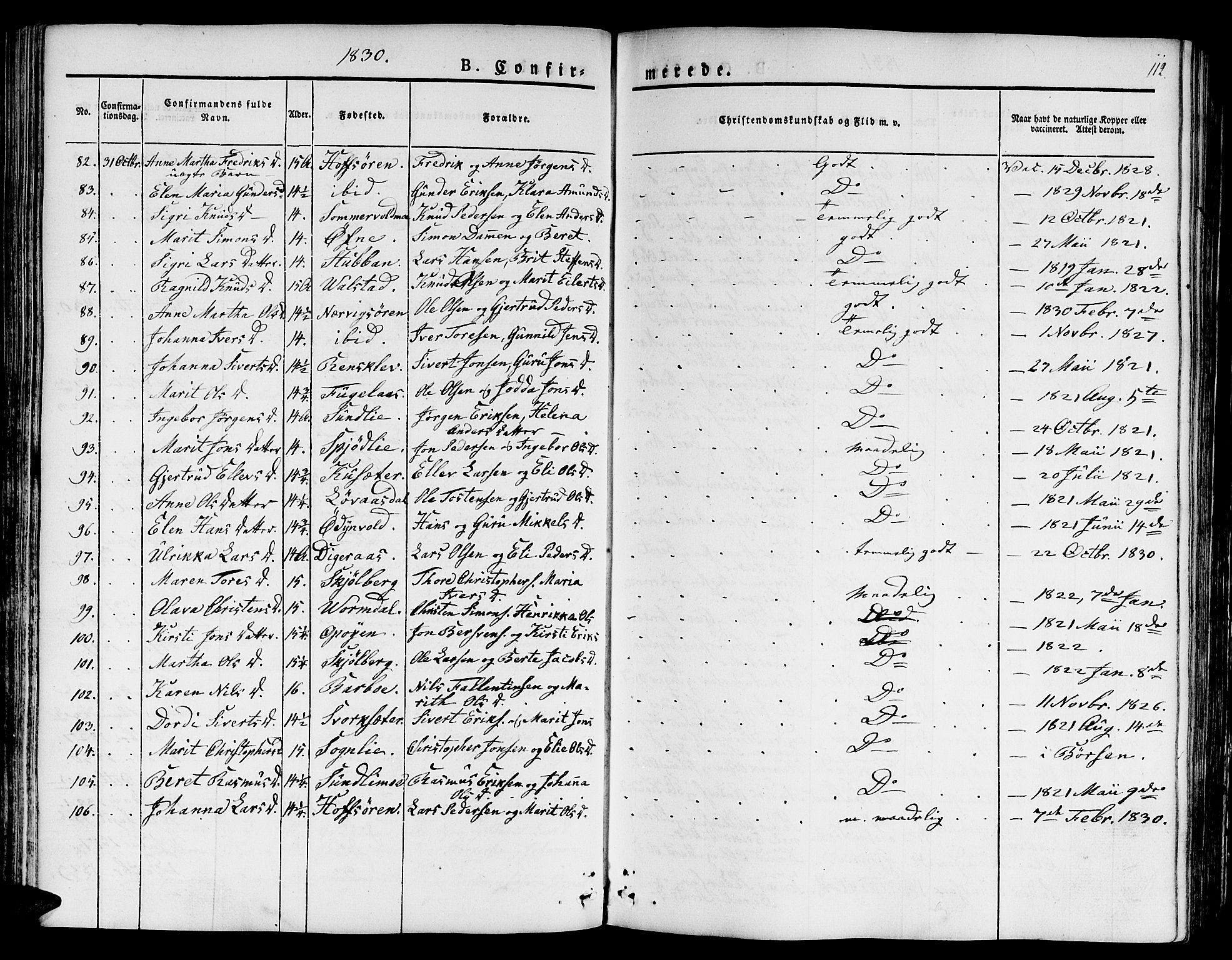 Ministerialprotokoller, klokkerbøker og fødselsregistre - Sør-Trøndelag, AV/SAT-A-1456/668/L0804: Parish register (official) no. 668A04, 1826-1839, p. 112