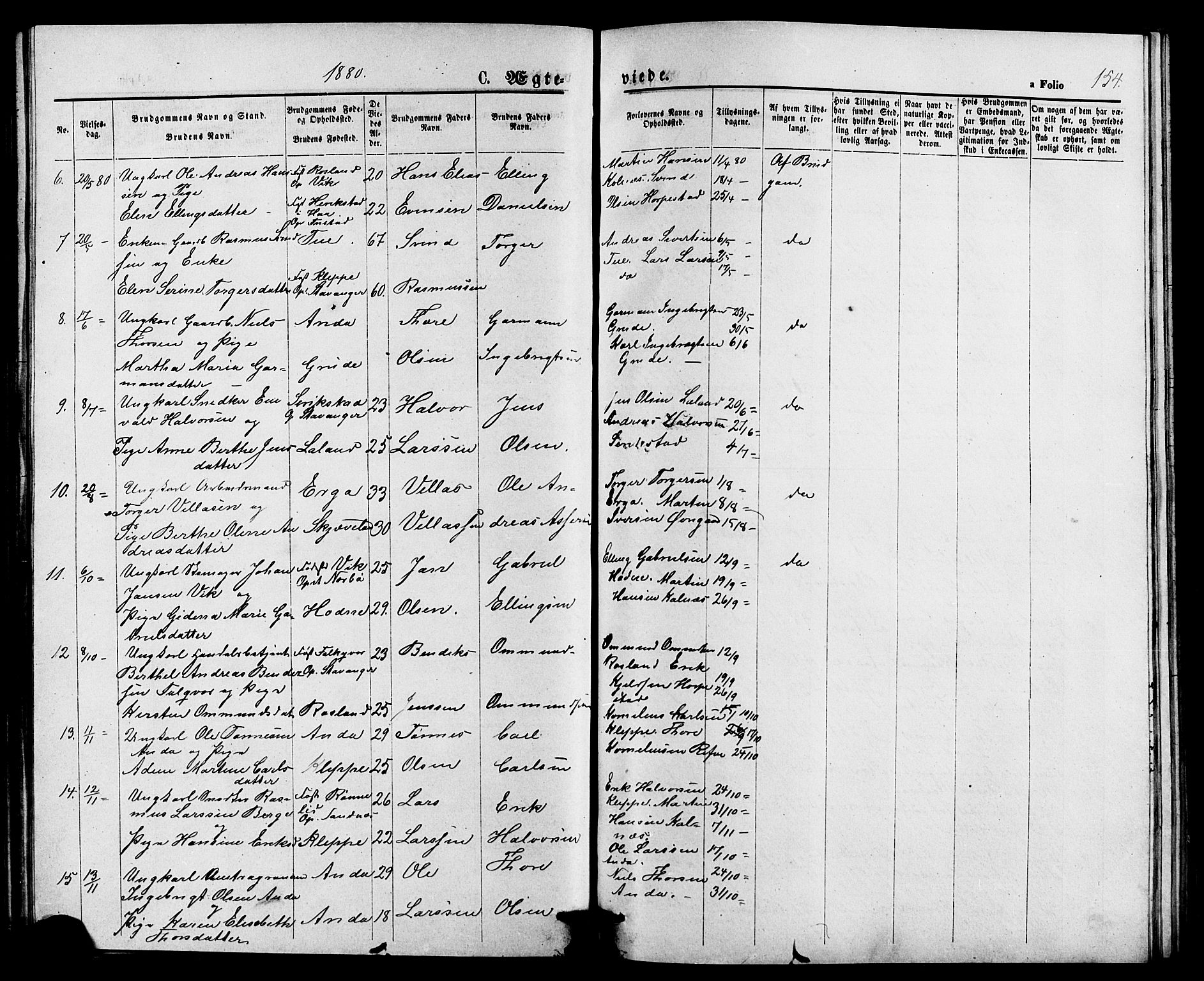 Klepp sokneprestkontor, SAST/A-101803/001/3/30BB/L0003: Parish register (copy) no. B 3, 1876-1888, p. 154