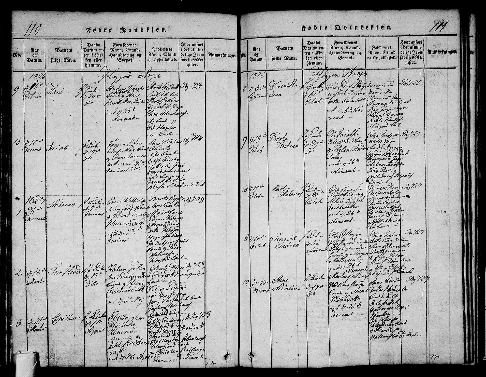 Andebu kirkebøker, SAKO/A-336/G/Ga/L0002: Parish register (copy) no. I 2 /2, 1823-1832, p. 110-111