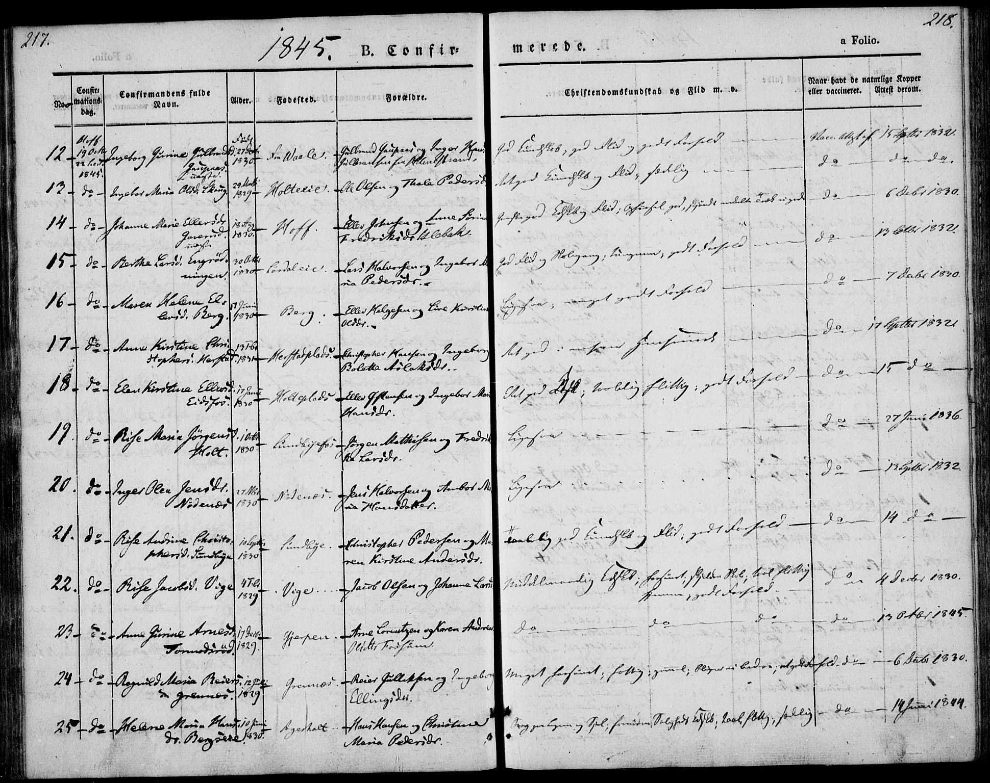 Hof kirkebøker, AV/SAKO-A-64/F/Fa/L0005: Parish register (official) no. I 5, 1844-1851, p. 217-218