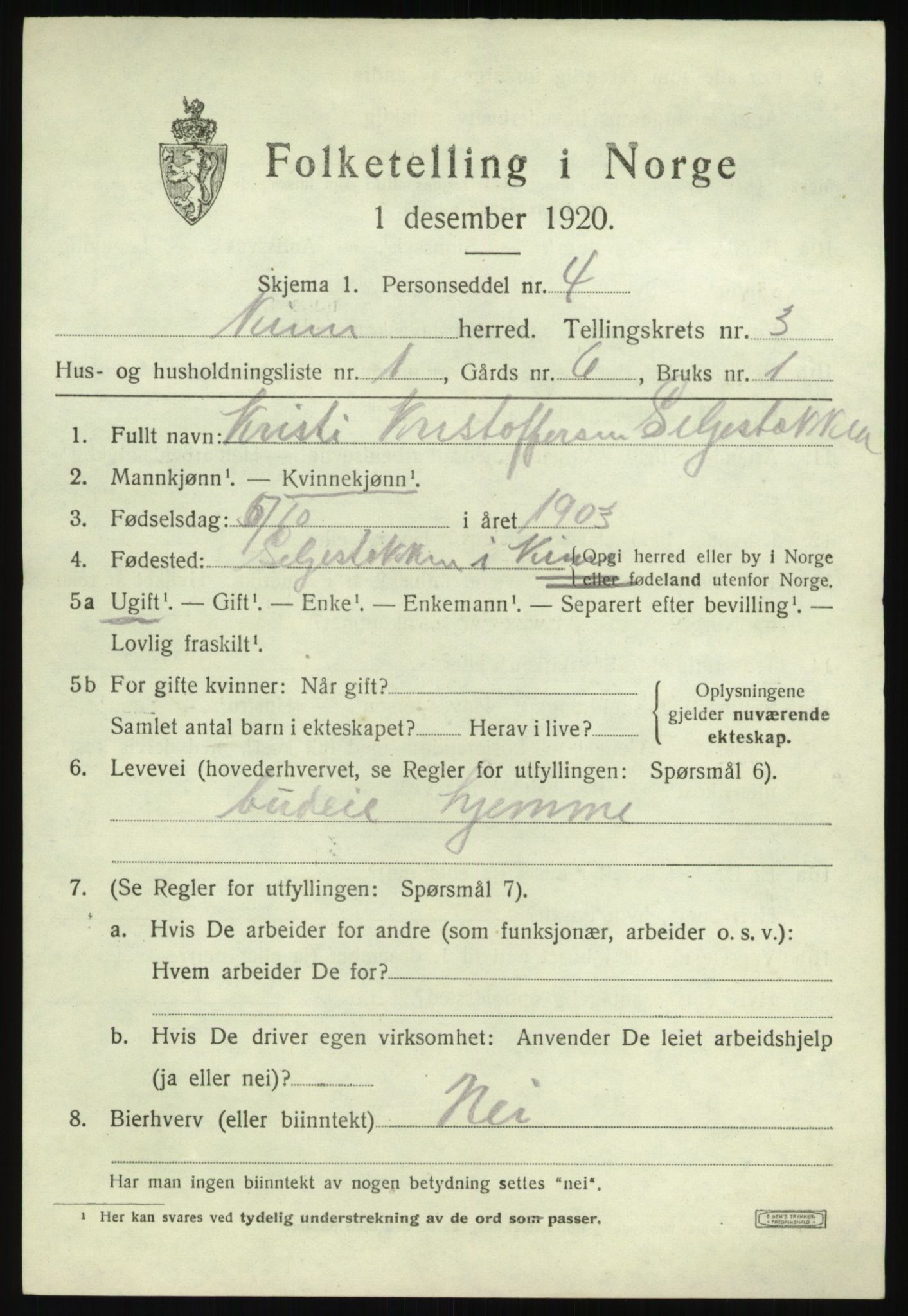 SAB, 1920 census for Kinn, 1920, p. 2261