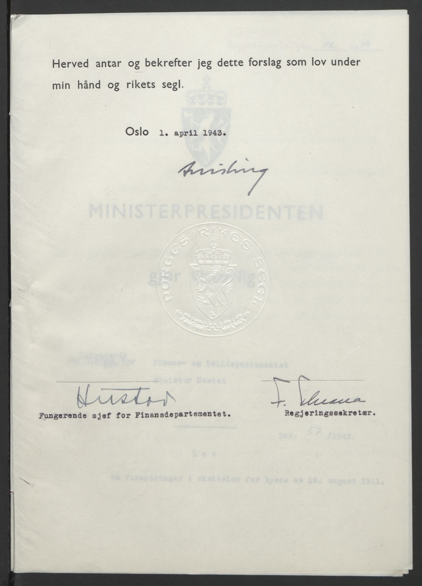 NS-administrasjonen 1940-1945 (Statsrådsekretariatet, de kommisariske statsråder mm), RA/S-4279/D/Db/L0099: Lover, 1943, p. 258