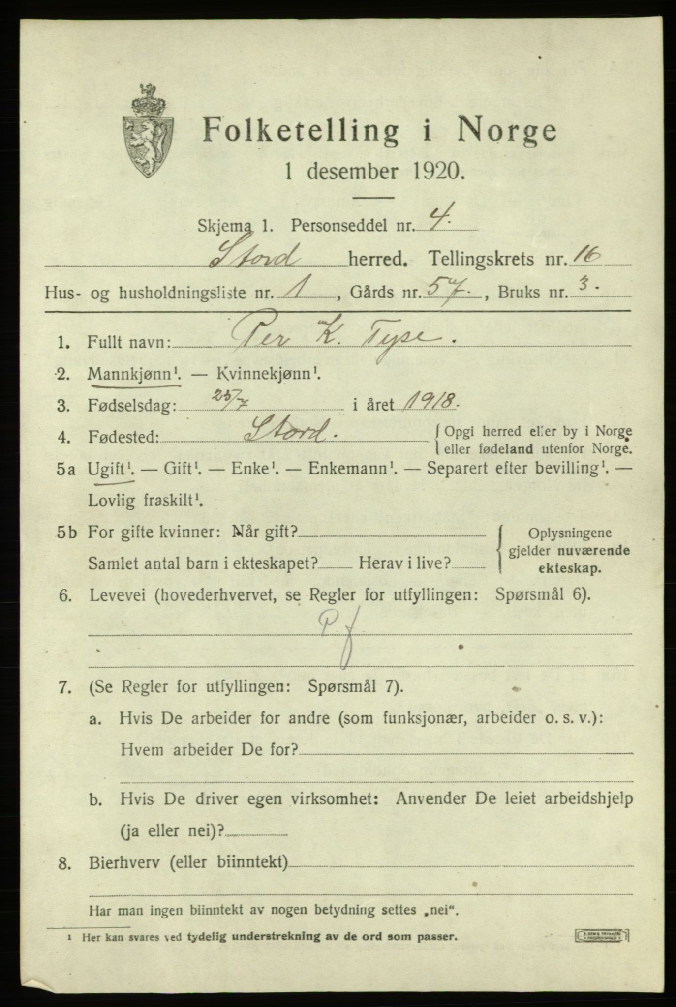 SAB, 1920 census for Stord, 1920, p. 8689