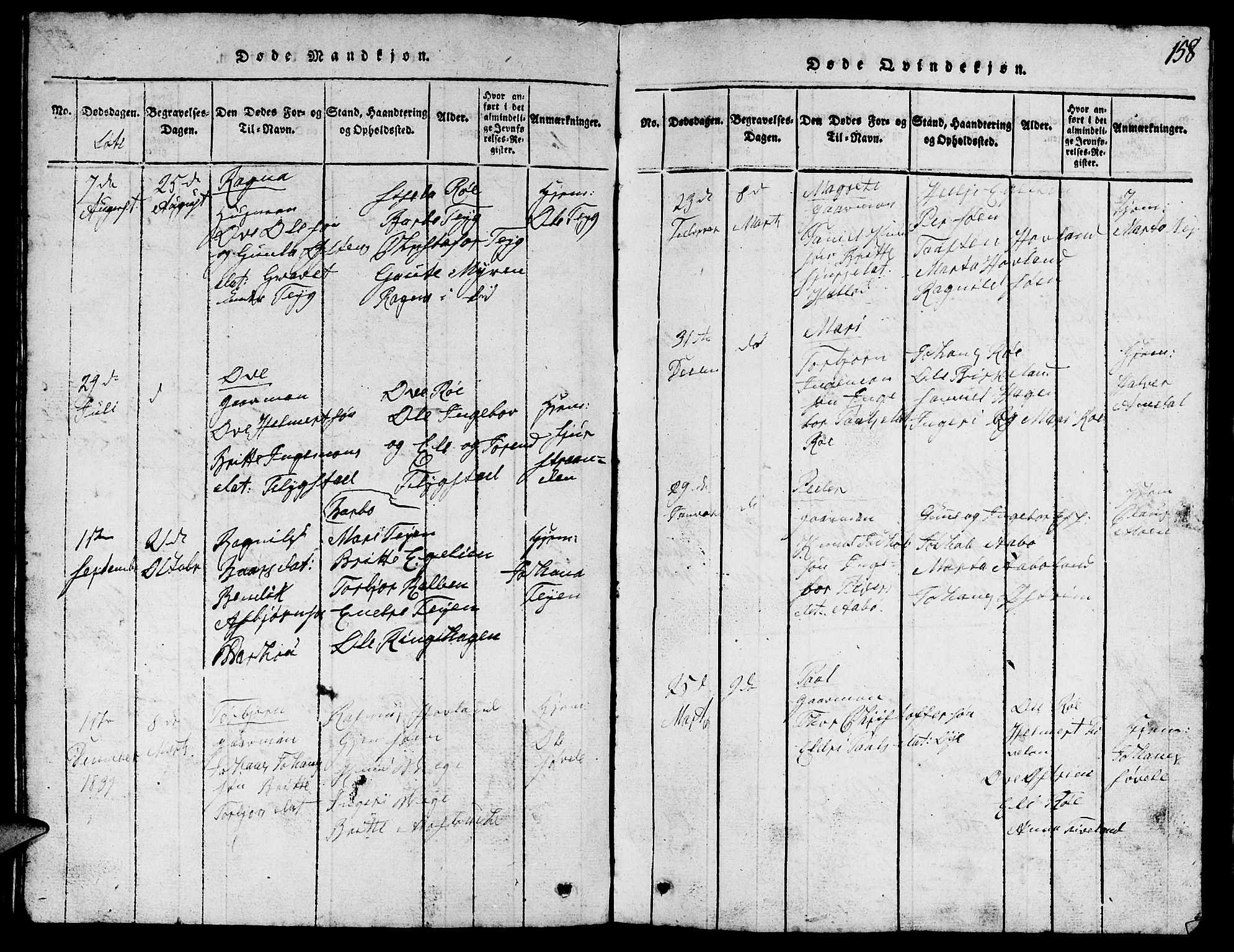 Suldal sokneprestkontor, SAST/A-101845/01/V/L0002: Parish register (copy) no. B 2, 1816-1845, p. 158