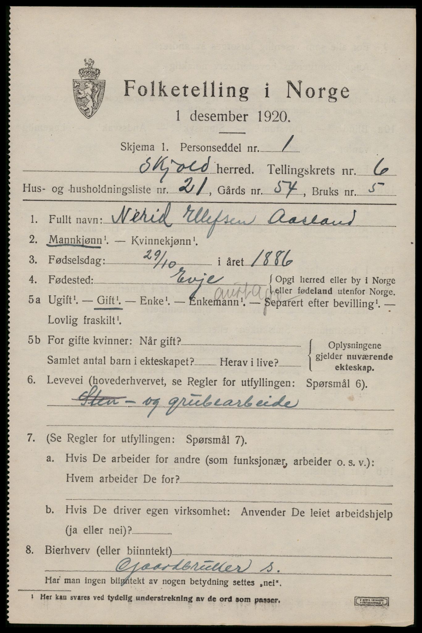 SAST, 1920 census for Skjold, 1920, p. 3348