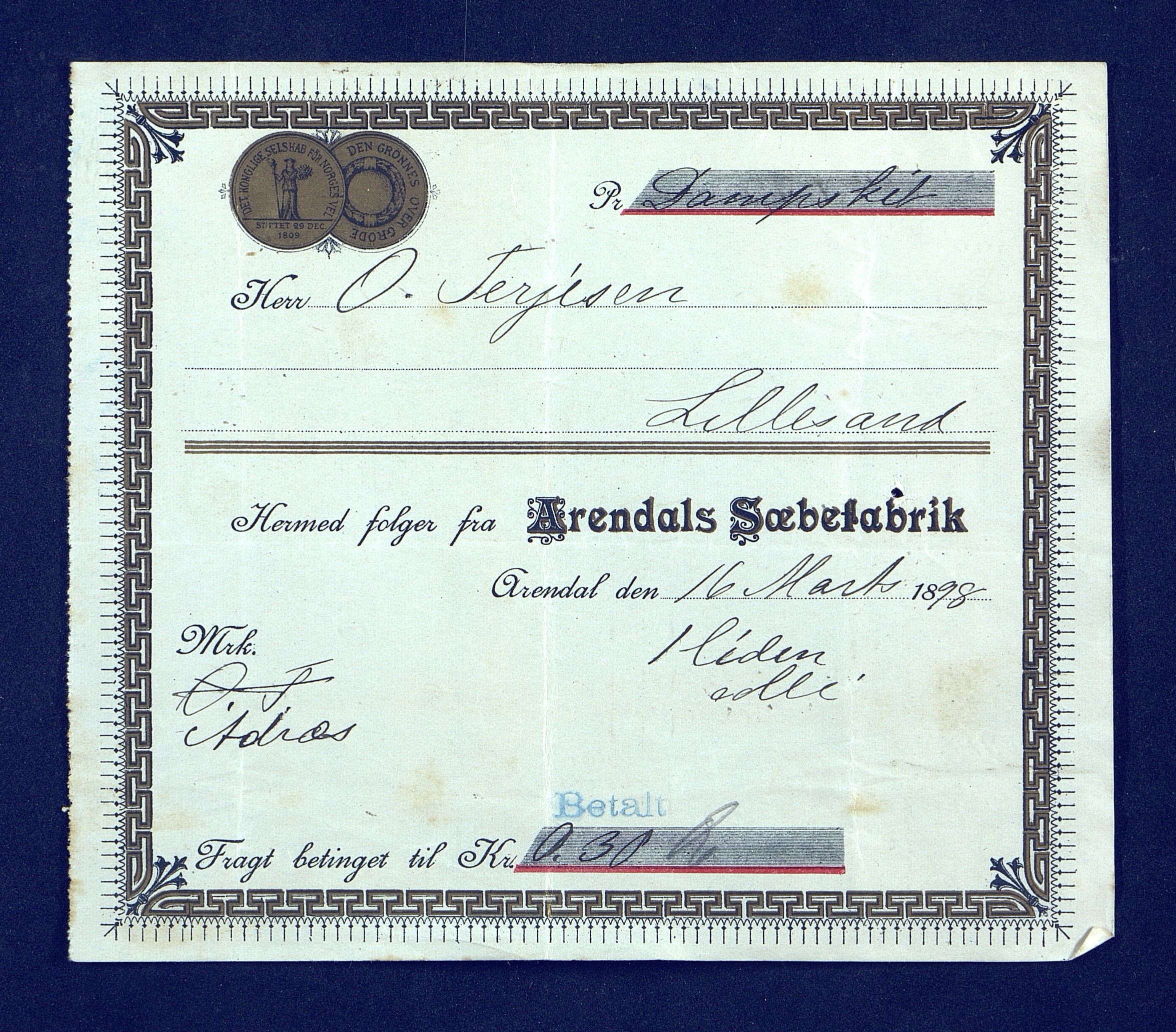 O. Terjesens rederi, AAKS/PA-2525/R/R02/L0001: Regnskapsbilag, 1884-1898