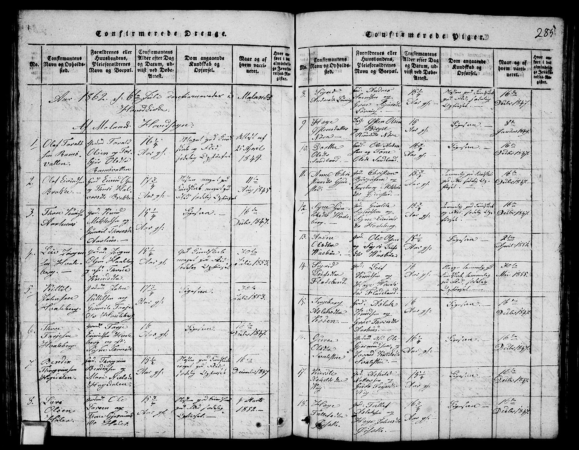 Fyresdal kirkebøker, SAKO/A-263/G/Ga/L0003: Parish register (copy) no. I 3, 1815-1863, p. 285