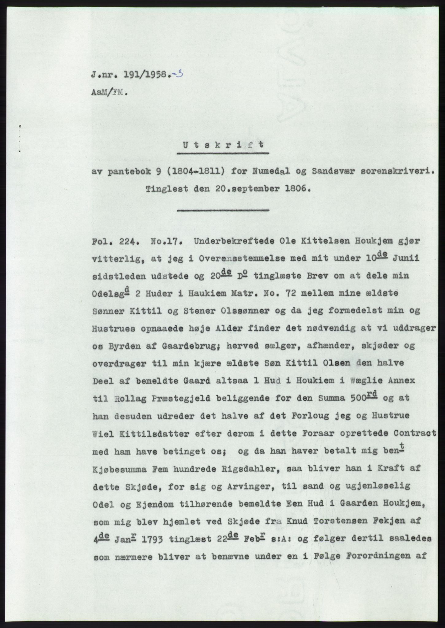 Statsarkivet i Kongsberg, AV/SAKO-A-0001/E/Ee/L0011: Avskrifter, SAO jnr. 1262/1957 - 200/1958, 1957-1958, p. 453