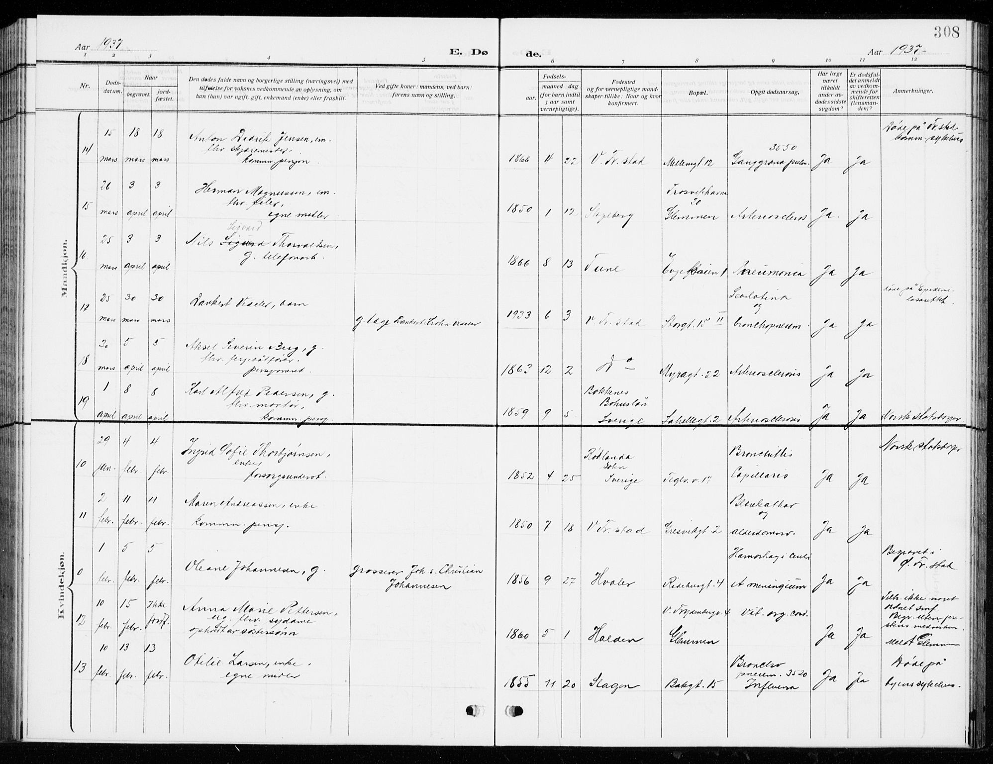 Fredrikstad domkirkes prestekontor Kirkebøker, AV/SAO-A-10906/G/Ga/L0004: Parish register (copy) no. 4, 1910-1944, p. 308