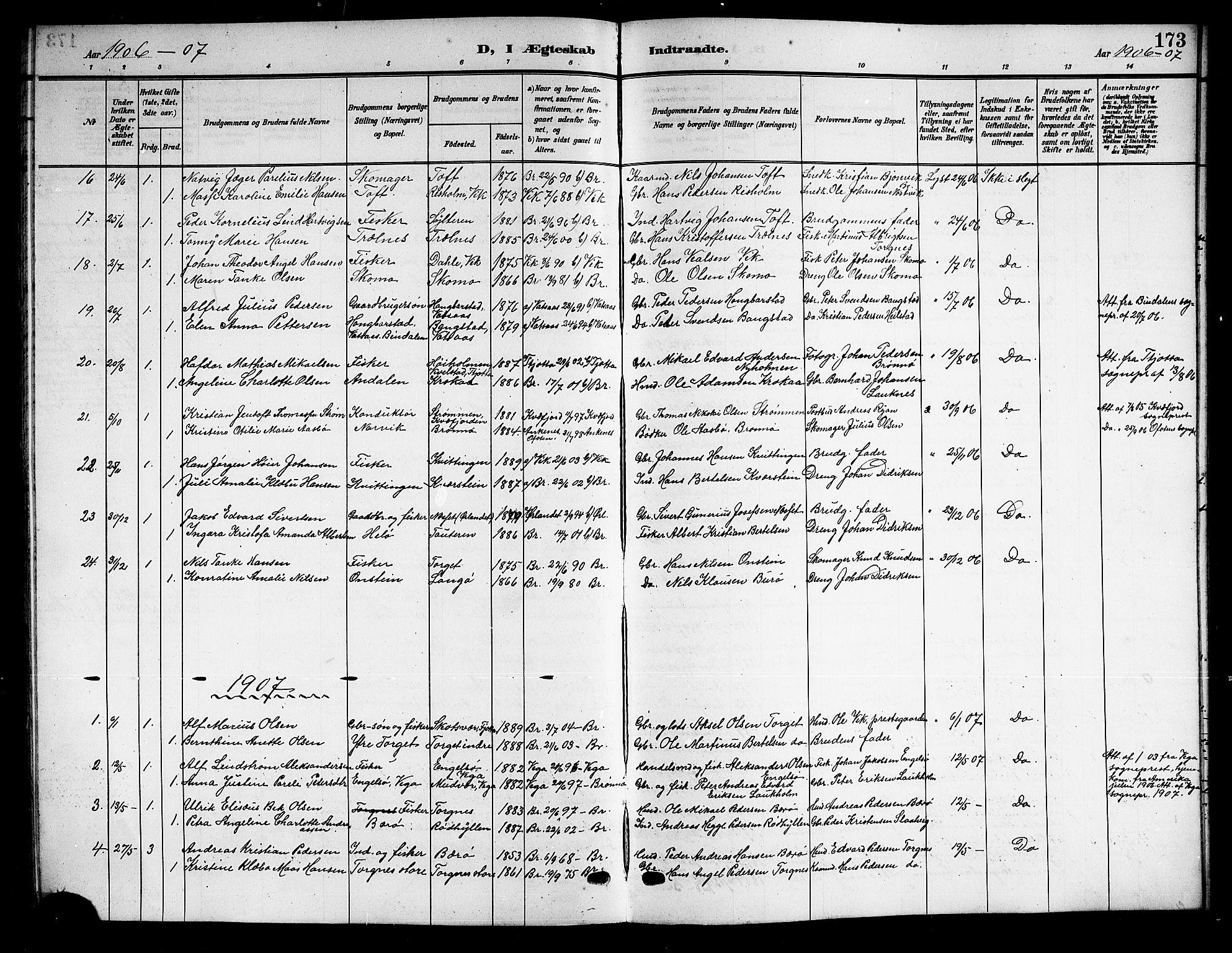 Ministerialprotokoller, klokkerbøker og fødselsregistre - Nordland, SAT/A-1459/813/L0214: Parish register (copy) no. 813C06, 1904-1917, p. 173