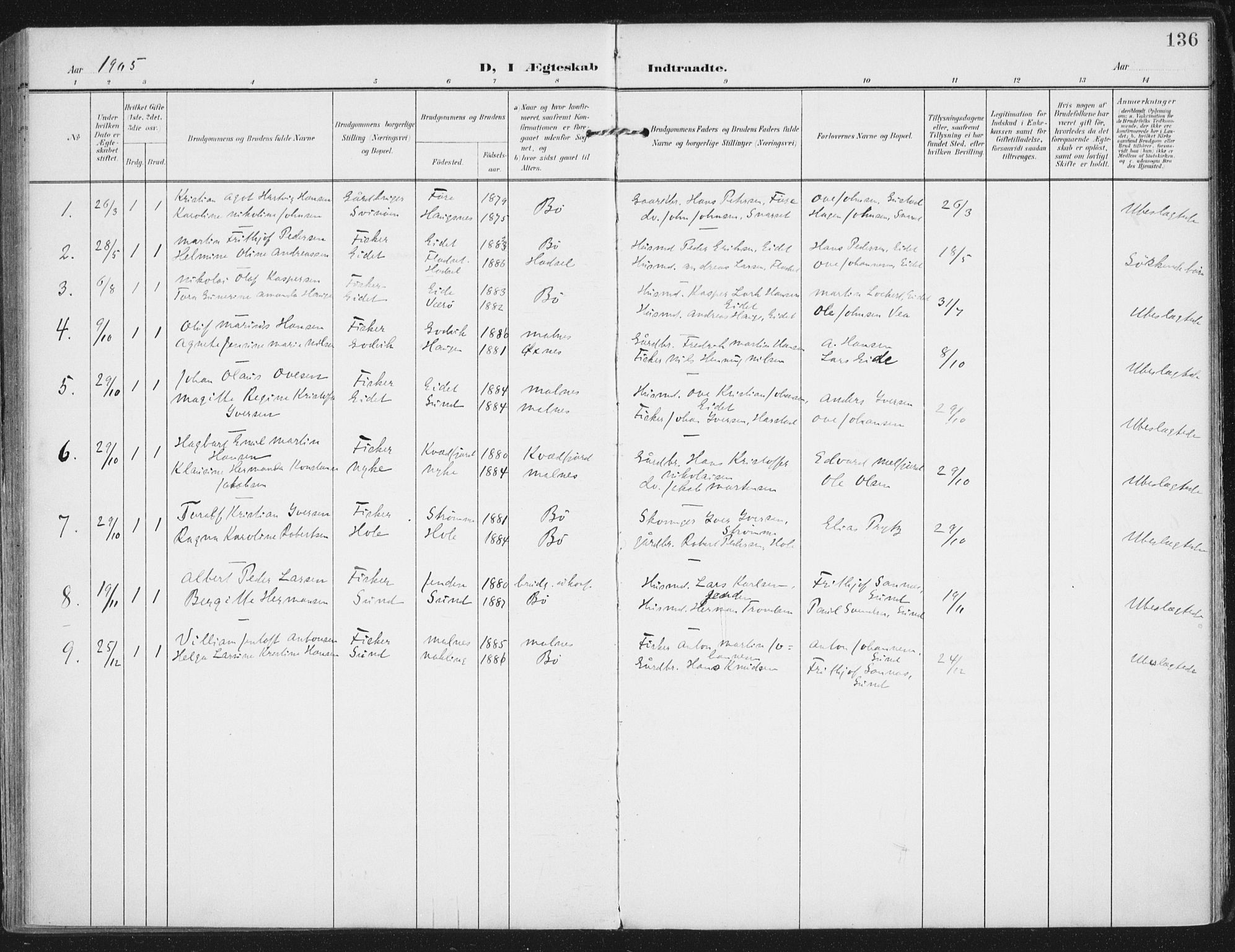 Ministerialprotokoller, klokkerbøker og fødselsregistre - Nordland, SAT/A-1459/892/L1321: Parish register (official) no. 892A02, 1902-1918, p. 136
