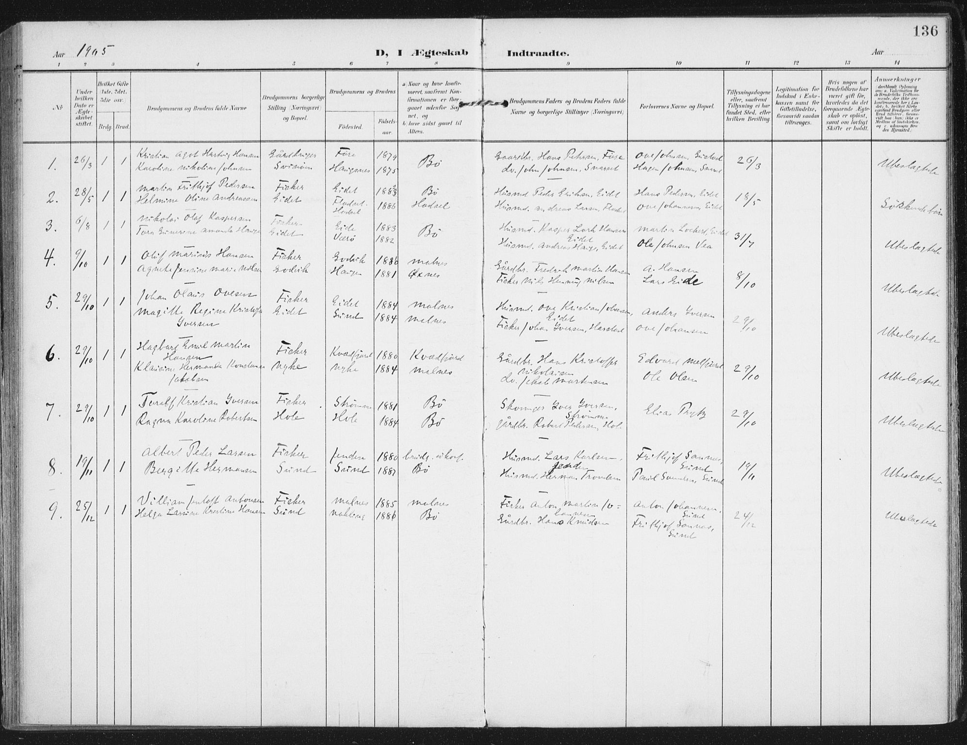 Ministerialprotokoller, klokkerbøker og fødselsregistre - Nordland, AV/SAT-A-1459/892/L1321: Parish register (official) no. 892A02, 1902-1918, p. 136