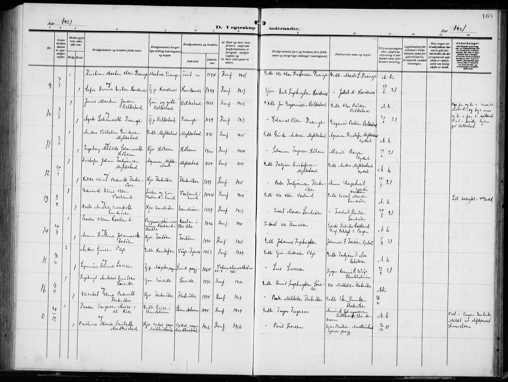 Tysnes sokneprestembete, SAB/A-78601/H/Hab: Parish register (copy) no. E  4, 1912-1936, p. 168