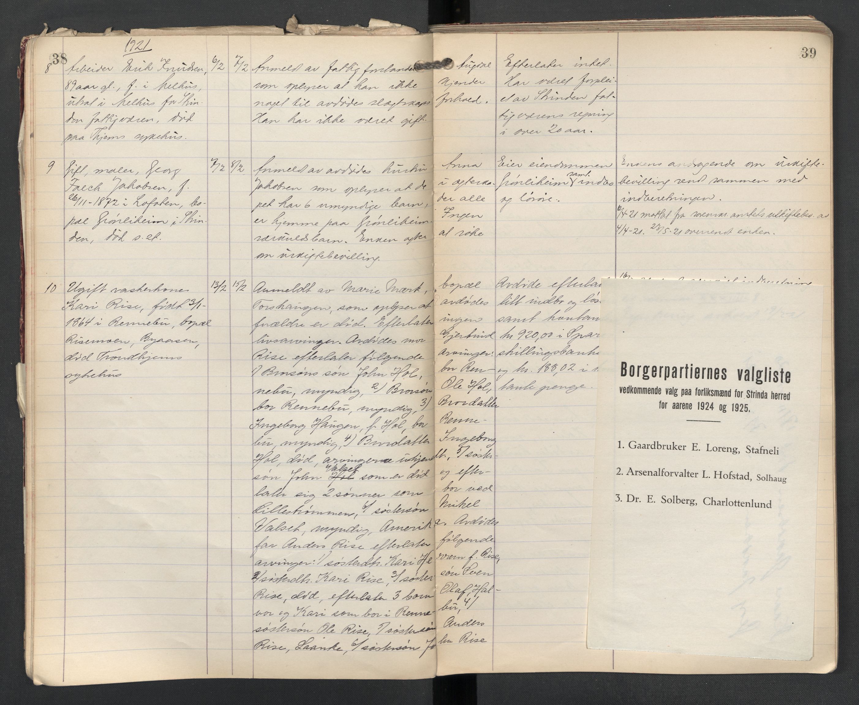 Strinda lensmannskontor, AV/SAT-A-1083/1/02/L0004: 2.01.04 Dødsfallsprotokoll, 1920-1925, p. 38-39