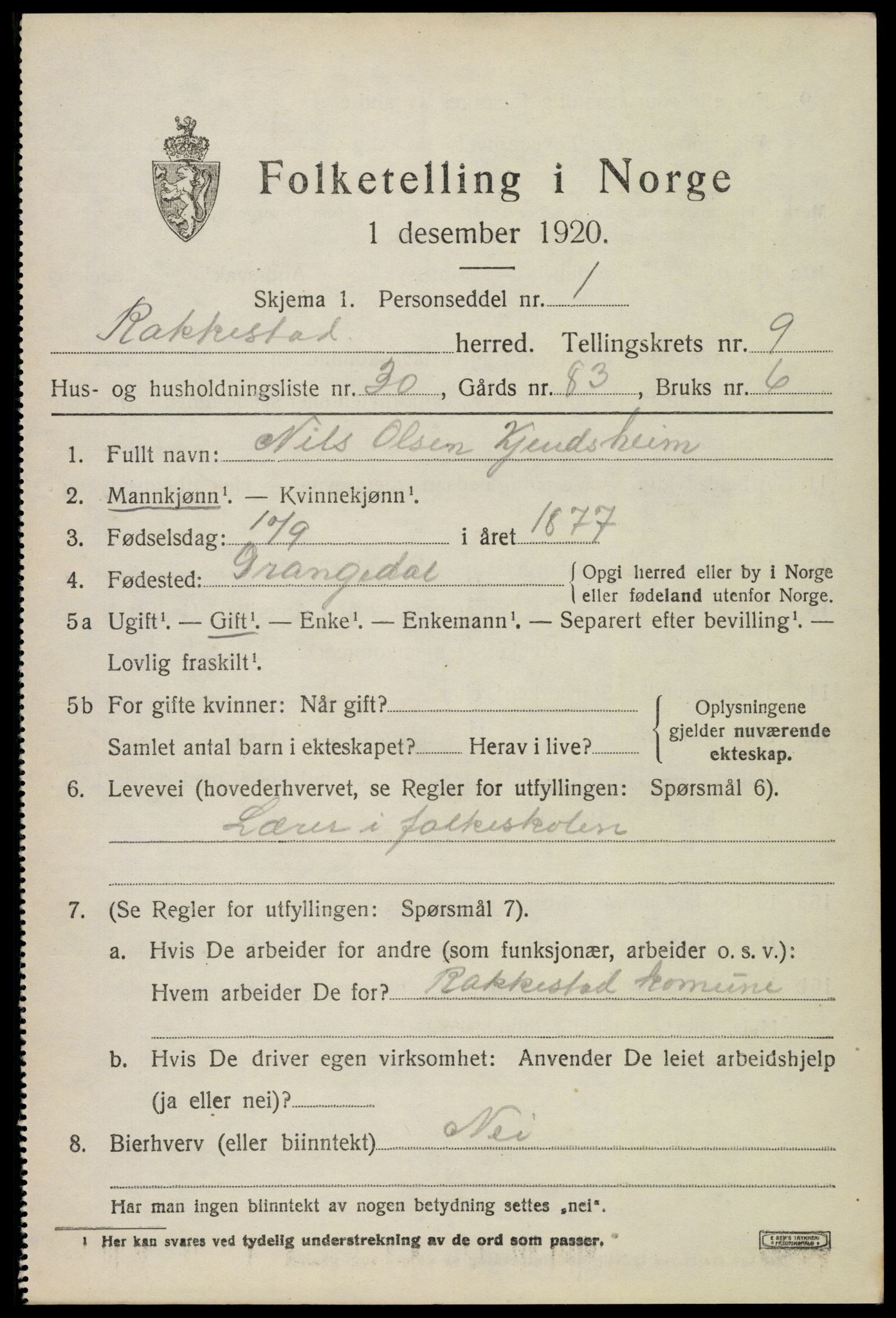 SAO, 1920 census for Rakkestad, 1920, p. 8507