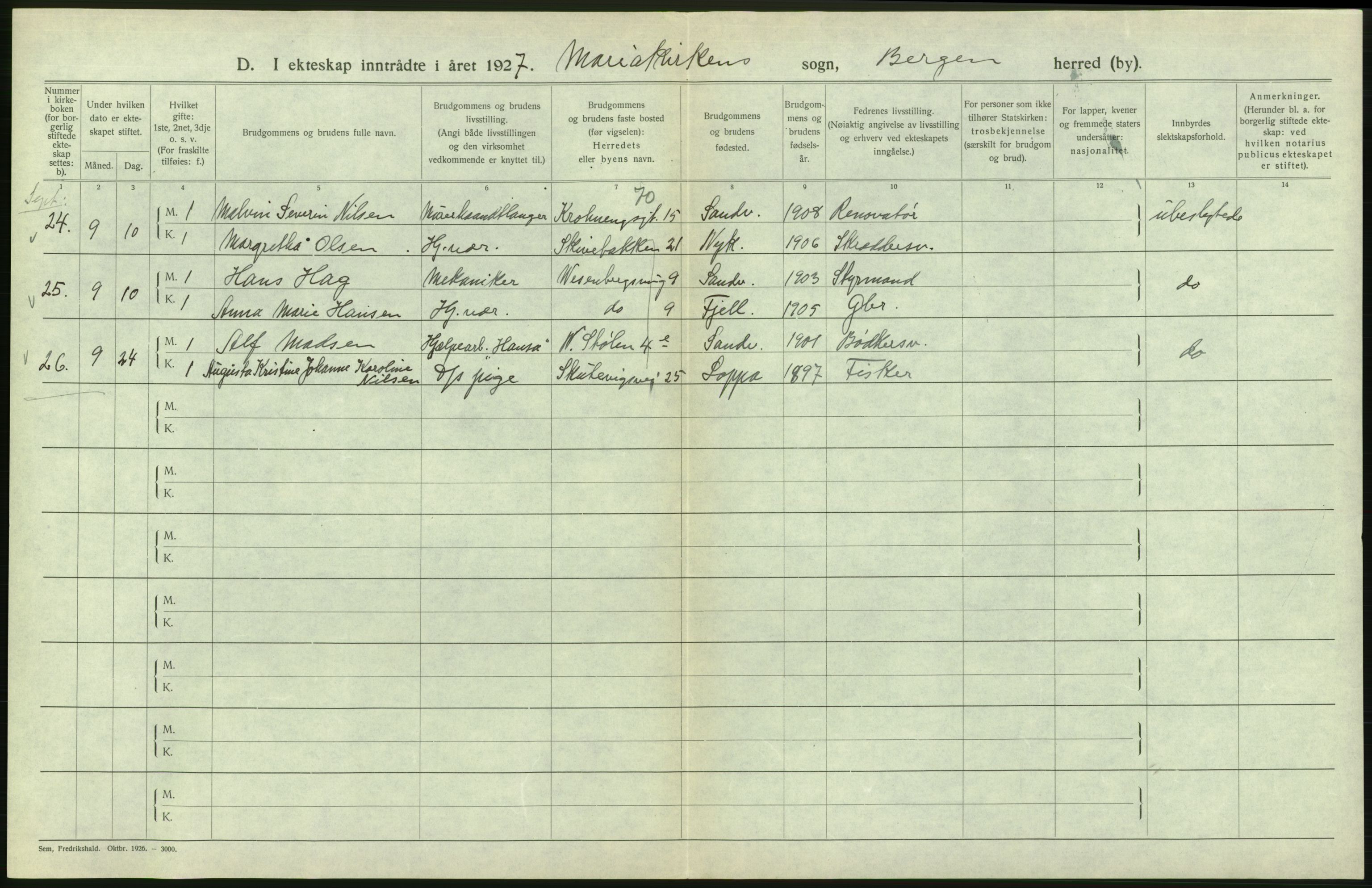 Statistisk sentralbyrå, Sosiodemografiske emner, Befolkning, AV/RA-S-2228/D/Df/Dfc/Dfcg/L0028: Bergen: Gifte, døde., 1927, p. 172