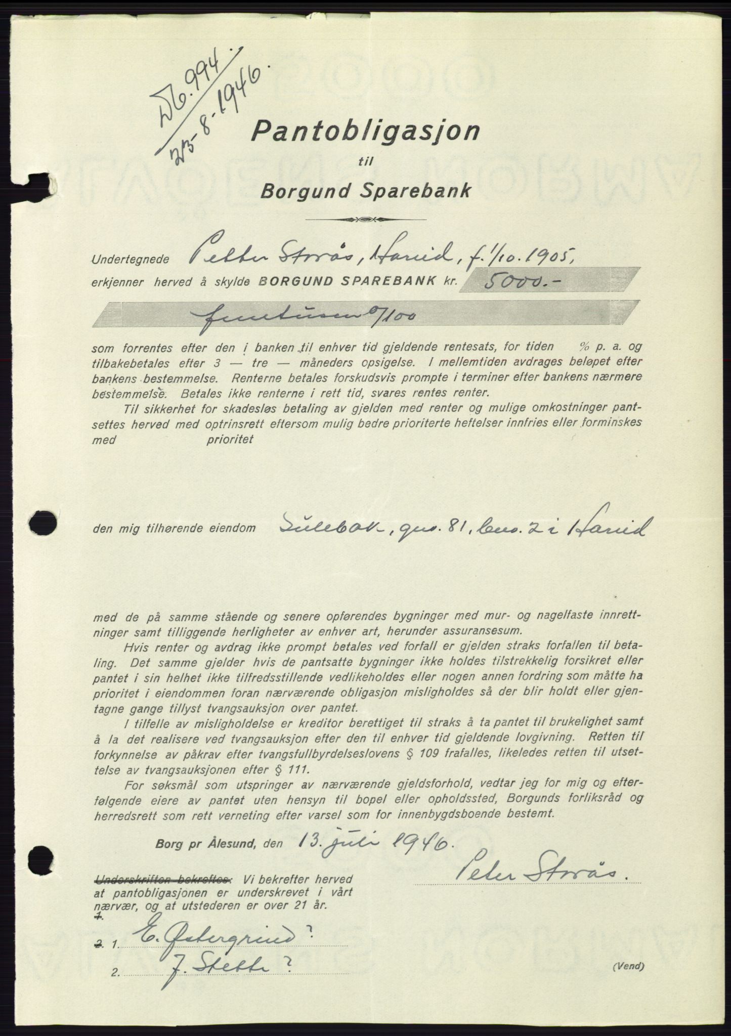 Søre Sunnmøre sorenskriveri, AV/SAT-A-4122/1/2/2C/L0114: Mortgage book no. 1-2B, 1943-1947, Diary no: : 994/1946