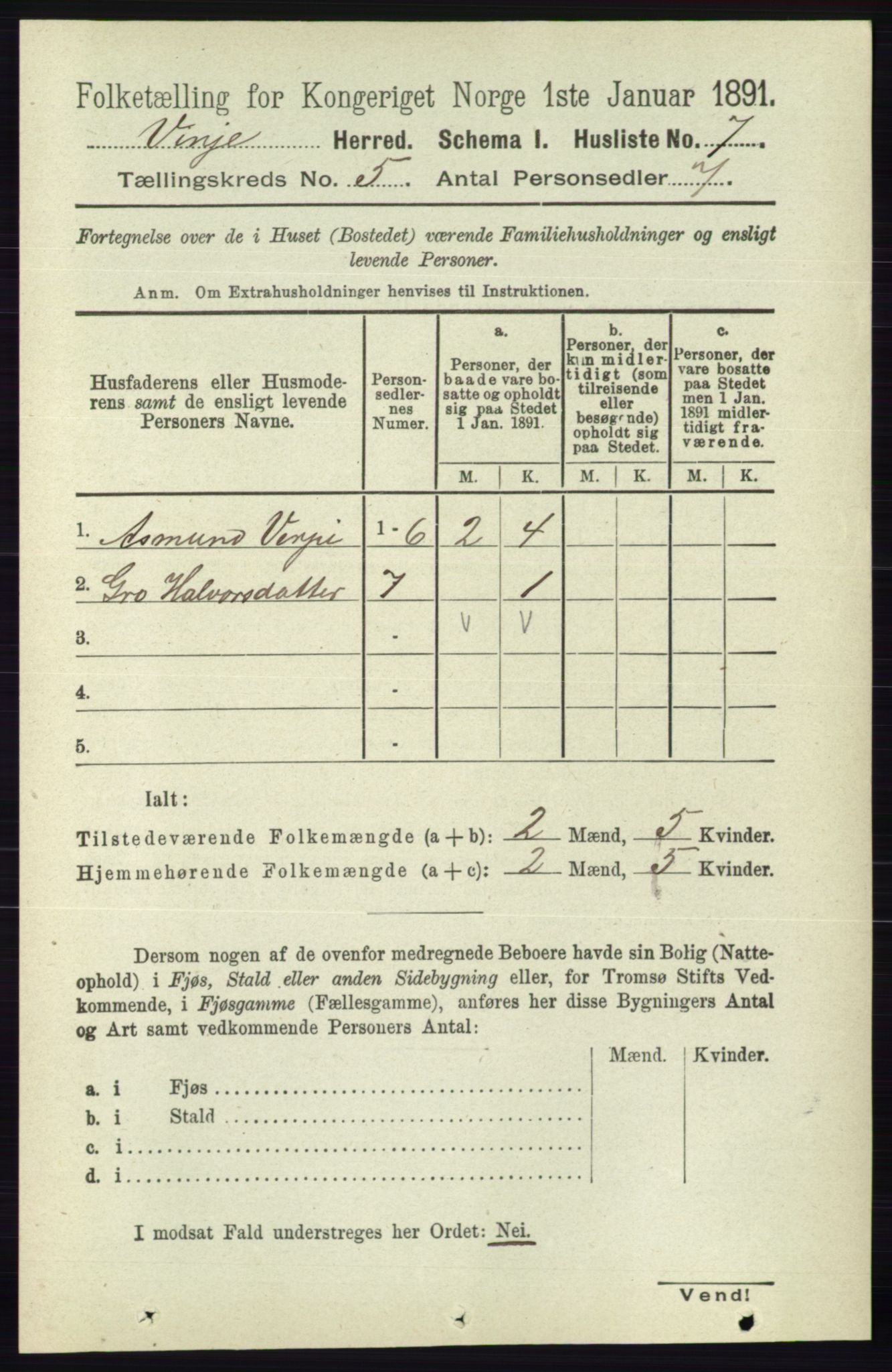 RA, 1891 census for 0834 Vinje, 1891, p. 1012