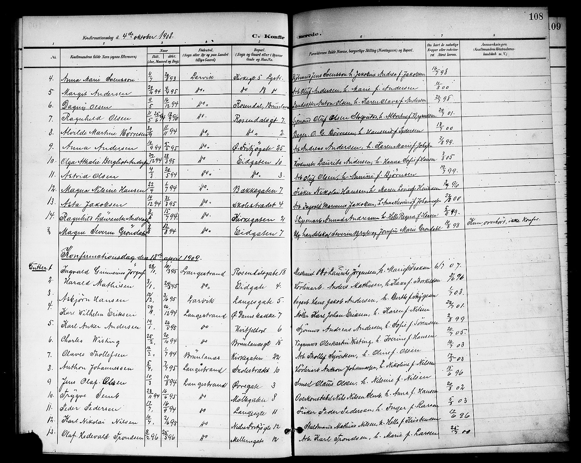 Larvik kirkebøker, AV/SAKO-A-352/G/Gb/L0004: Parish register (copy) no. II 4, 1899-1919, p. 108