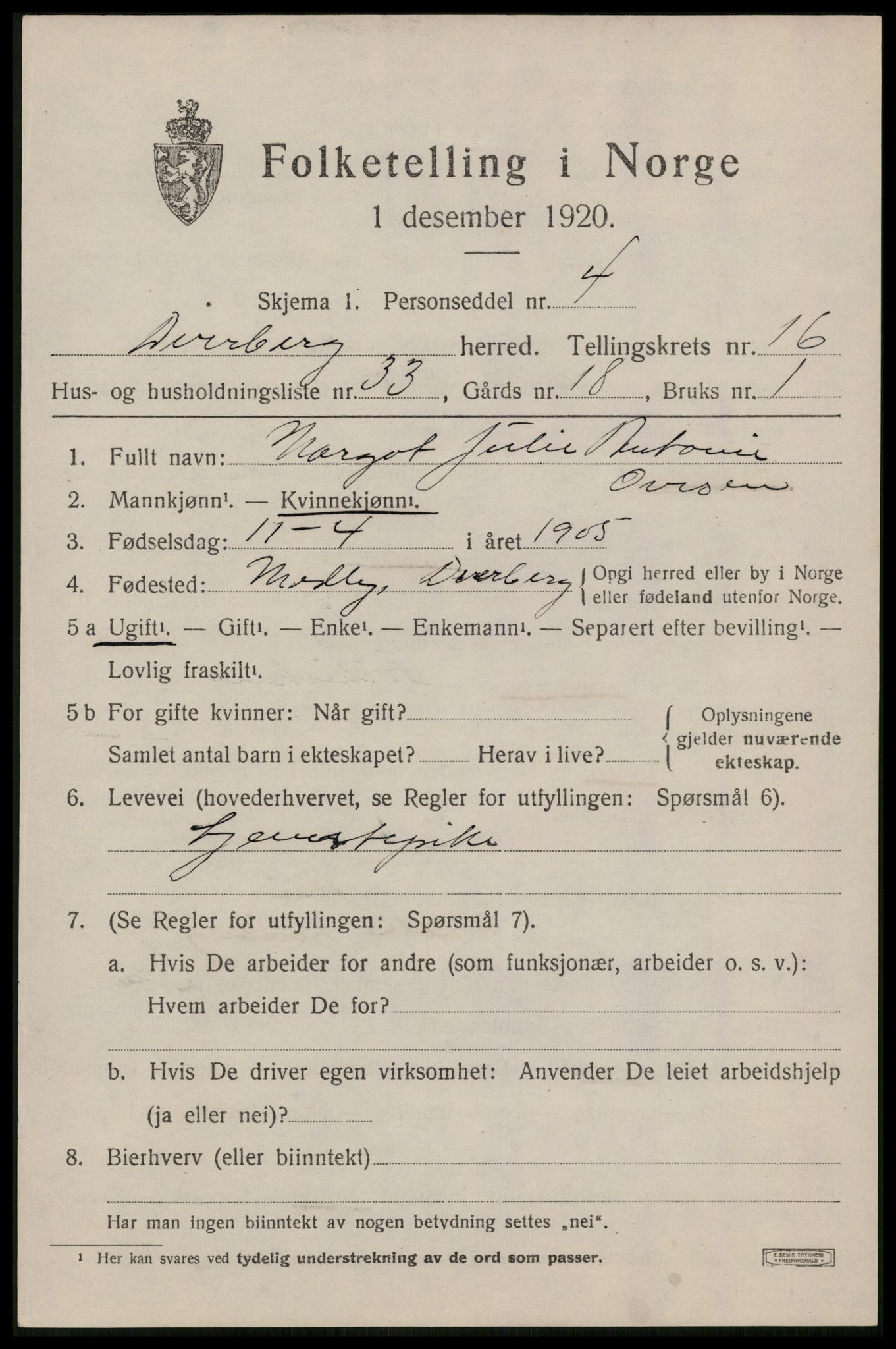 SAT, 1920 census for Dverberg, 1920, p. 11960