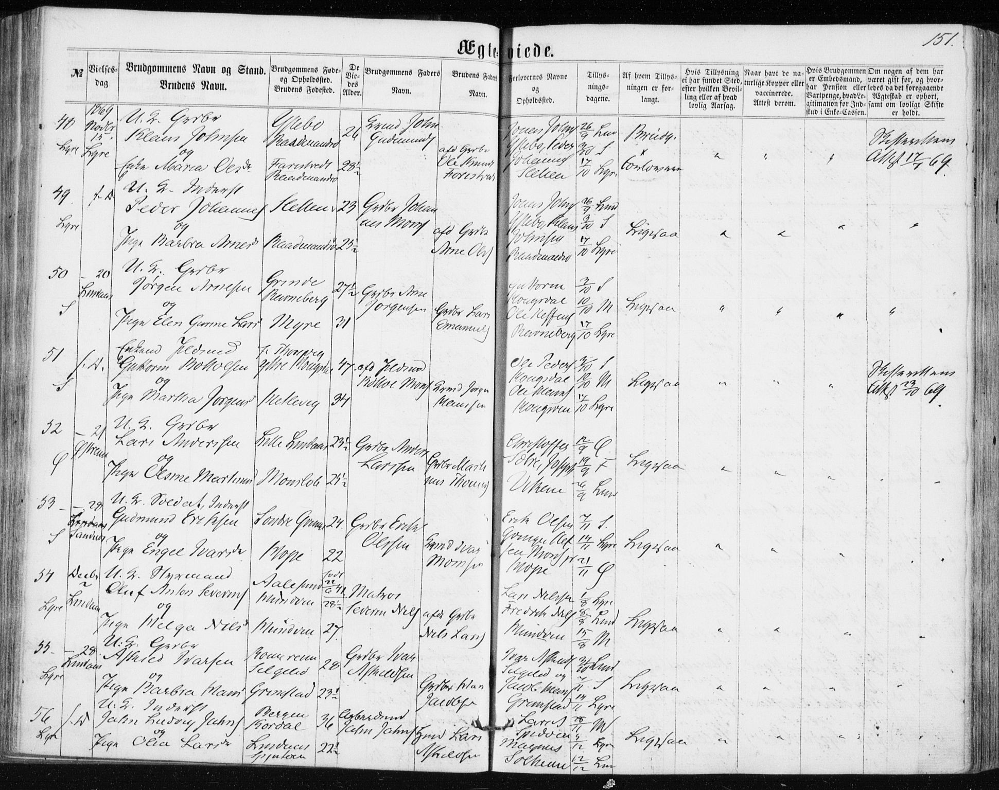 Lindås Sokneprestembete, SAB/A-76701/H/Haa: Parish register (official) no. A 16, 1863-1875, p. 151