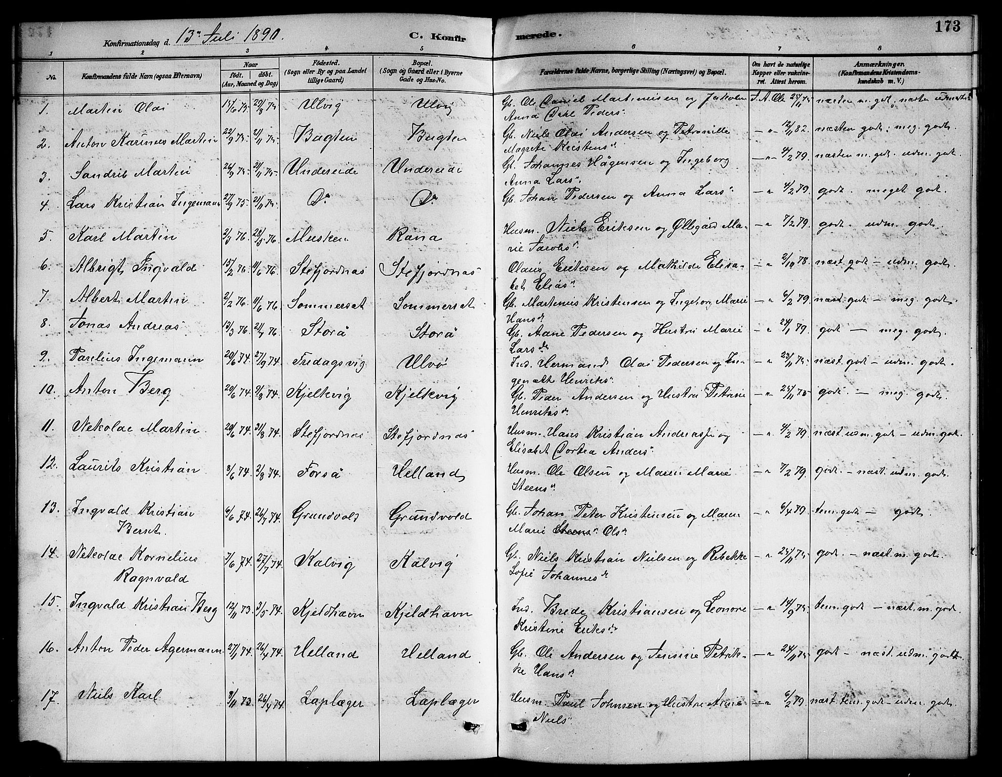 Ministerialprotokoller, klokkerbøker og fødselsregistre - Nordland, AV/SAT-A-1459/861/L0876: Parish register (copy) no. 861C02, 1887-1903, p. 173