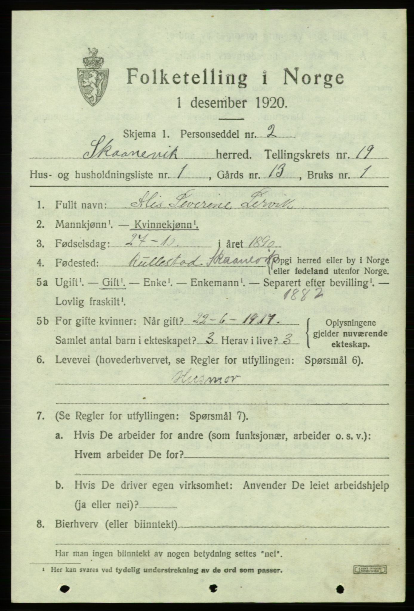 SAB, 1920 census for Skånevik, 1920, p. 6985