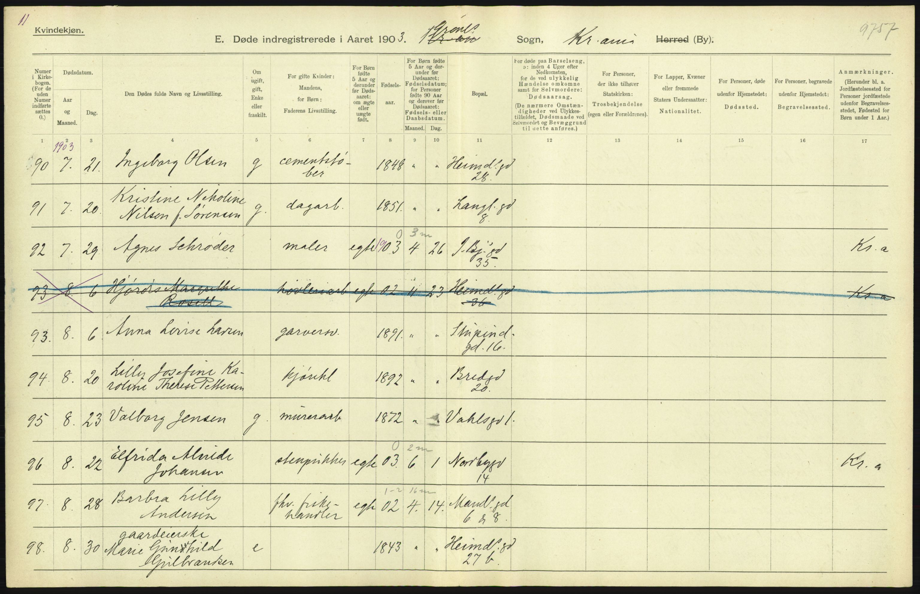 Statistisk sentralbyrå, Sosiodemografiske emner, Befolkning, AV/RA-S-2228/D/Df/Dfa/Dfaa/L0004: Kristiania: Gifte, døde, 1903, p. 397