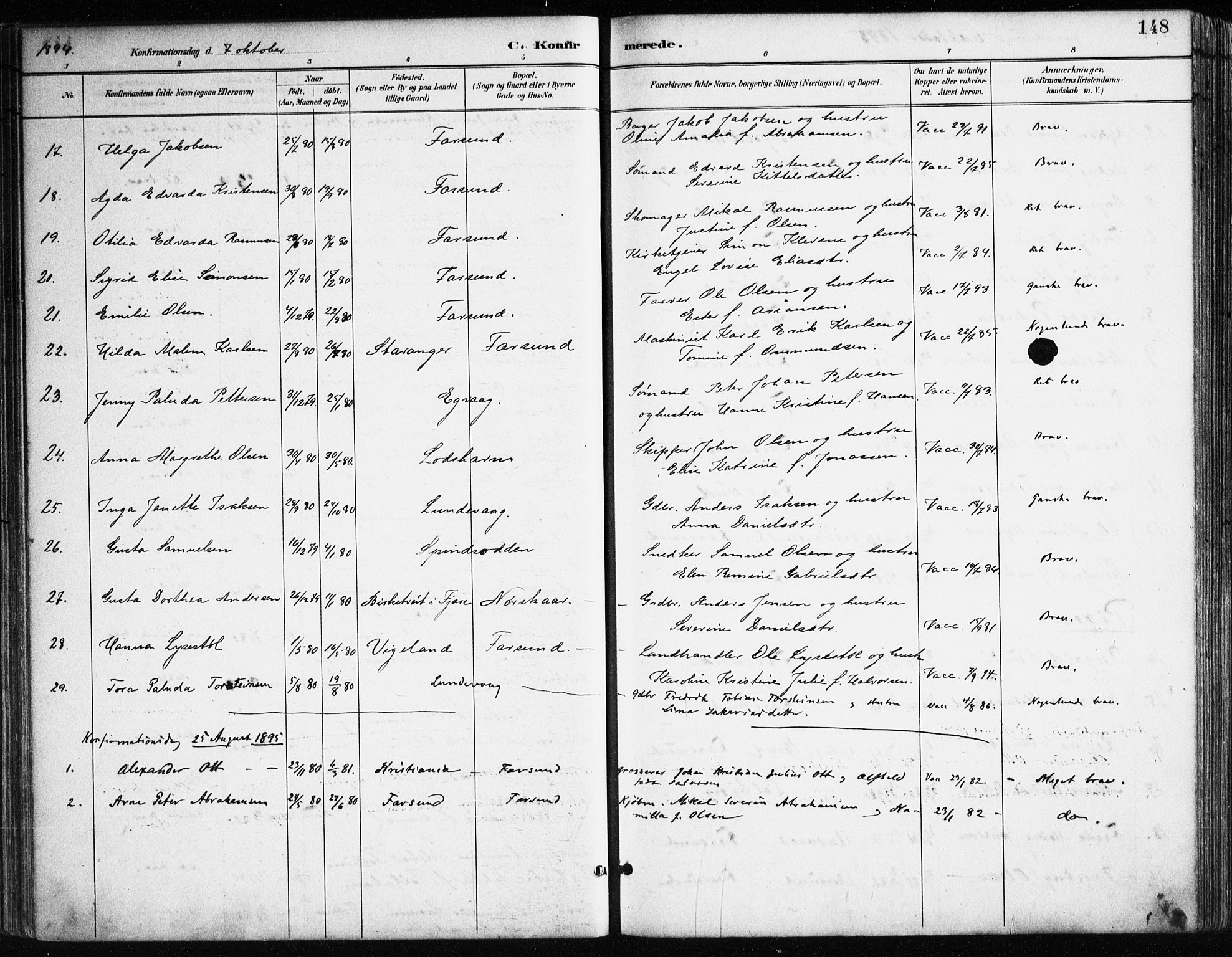 Farsund sokneprestkontor, SAK/1111-0009/F/Fa/L0006: Parish register (official) no. A 6, 1887-1920, p. 148
