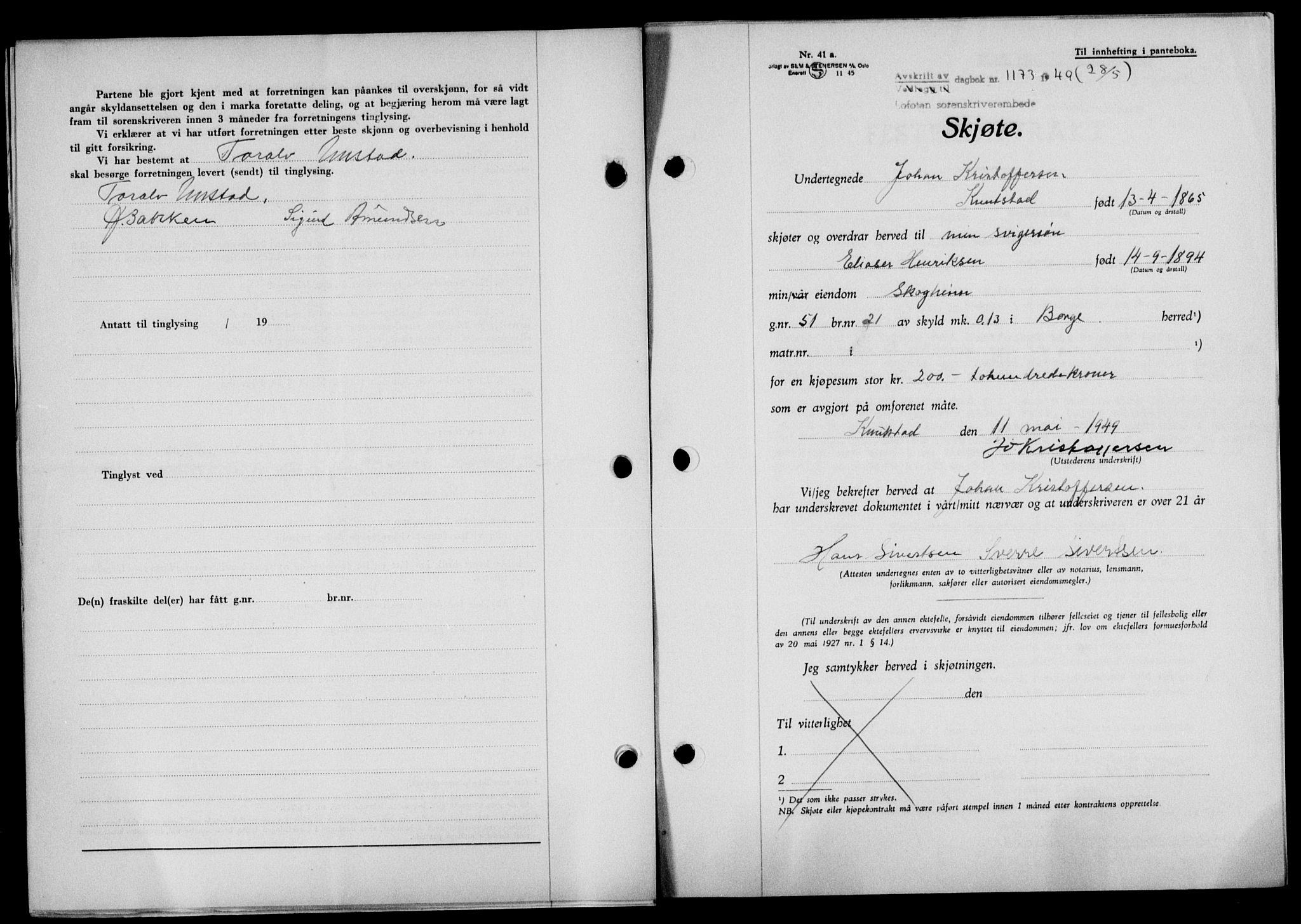 Lofoten sorenskriveri, SAT/A-0017/1/2/2C/L0020a: Mortgage book no. 20a, 1948-1949, Diary no: : 1173/1949