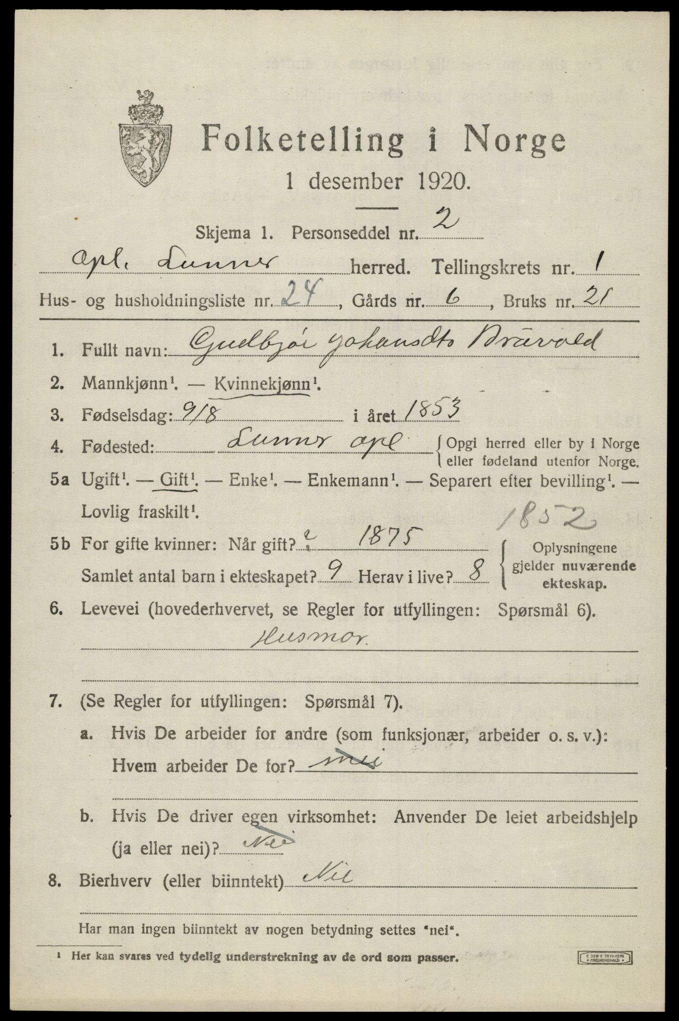 SAH, 1920 census for Lunner, 1920, p. 1913