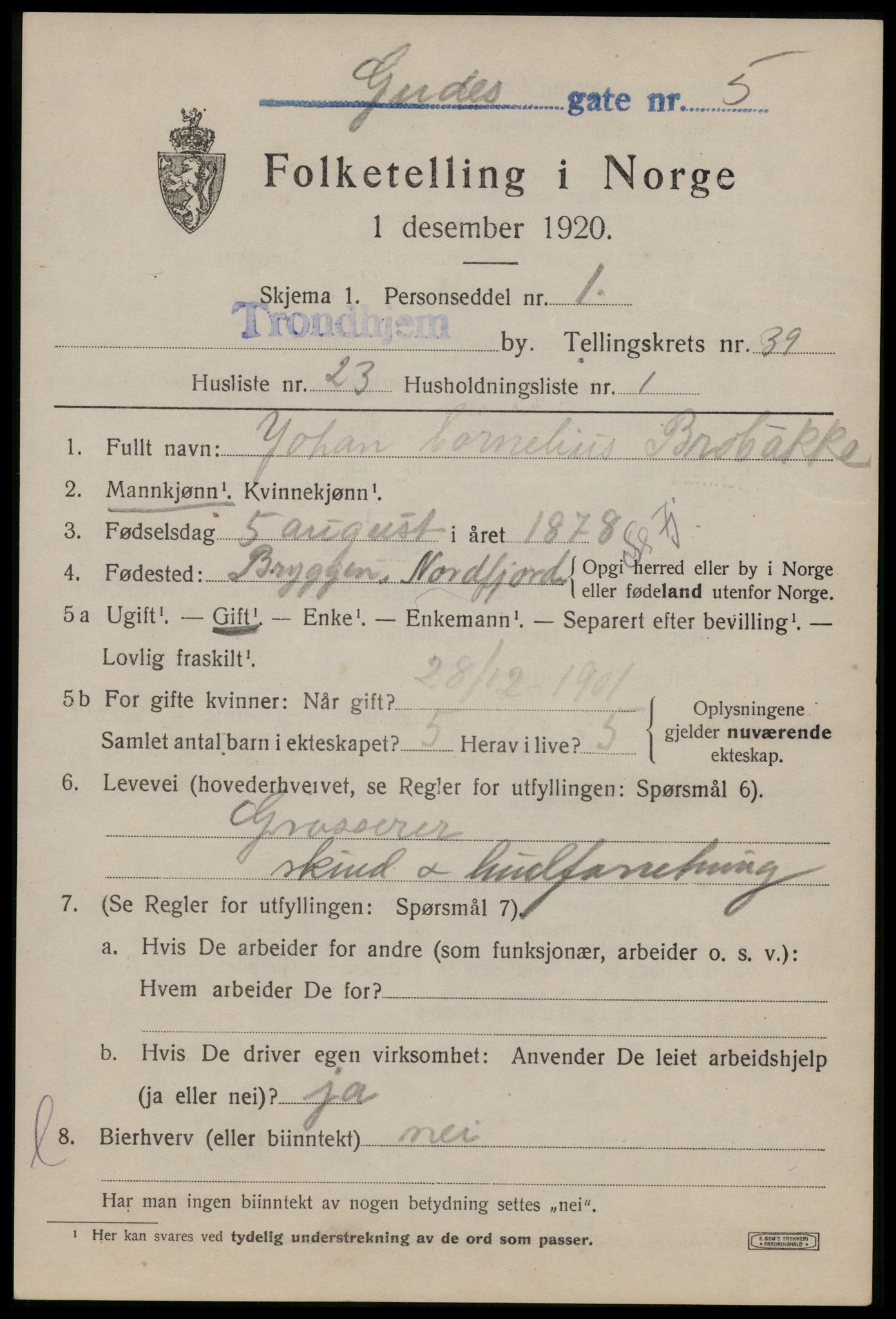 SAT, 1920 census for Trondheim, 1920, p. 88612