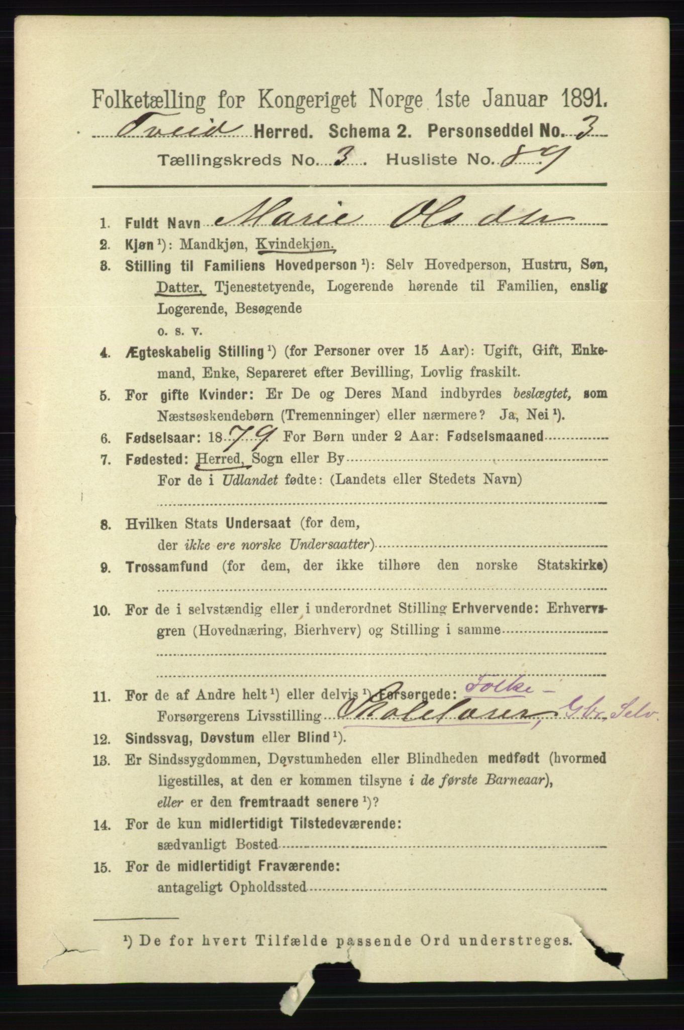 RA, 1891 census for 1013 Tveit, 1891, p. 1736